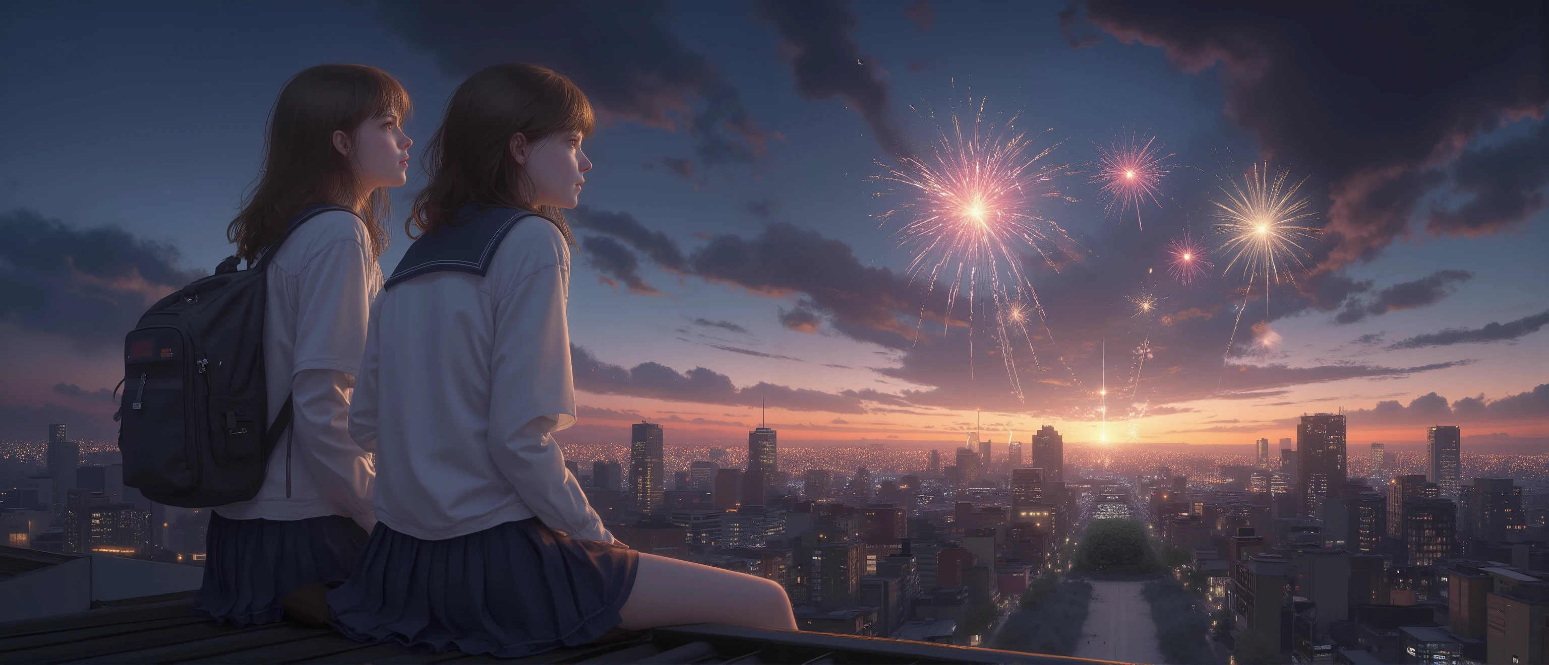  epic picture oil , 16 k quality, super detail, Cute,748 cm style,(masterpiece:1.2, highest quality), (in detail:1.3), (emotional, Bittersweet,youthful, } cinematic, soft lighting), two high school girls in their uniforms sit on the school roof at dusk, looks up at distant fireworks. One girl has a slightly shy smile, while the other looks thoughtfully at the exploding lights. Fireworks illuminate their profiles with warm colors, hinting at unspoken feelings and fleeting moments of youth. The cityscape gently stretches in the background under the twilight sky.


