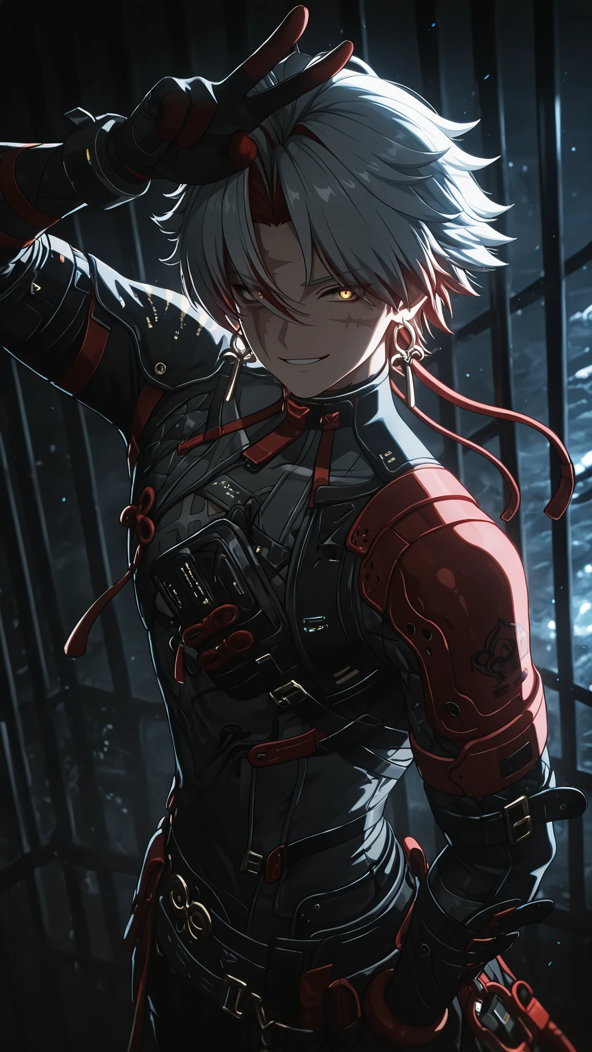 masterpiece, high quality, dramatic lighting, ((wuthering waves, Scar, man, male)), wearing clothes that fit the character in the game, making a salute gesture with one hand, (with a sunny, sly and handsome smile), in prison