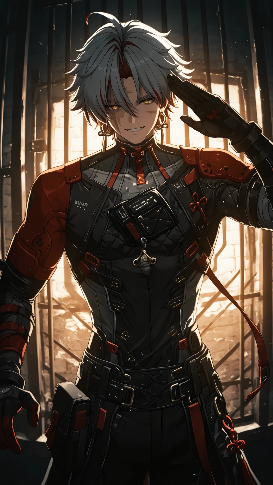 masterpiece, high quality, dramatic lighting, ((wuthering waves, Scar, man, male)), wearing clothes that fit the character in the game, making a salute gesture with one hand, (with a sunny, sly and handsome smile), in prison