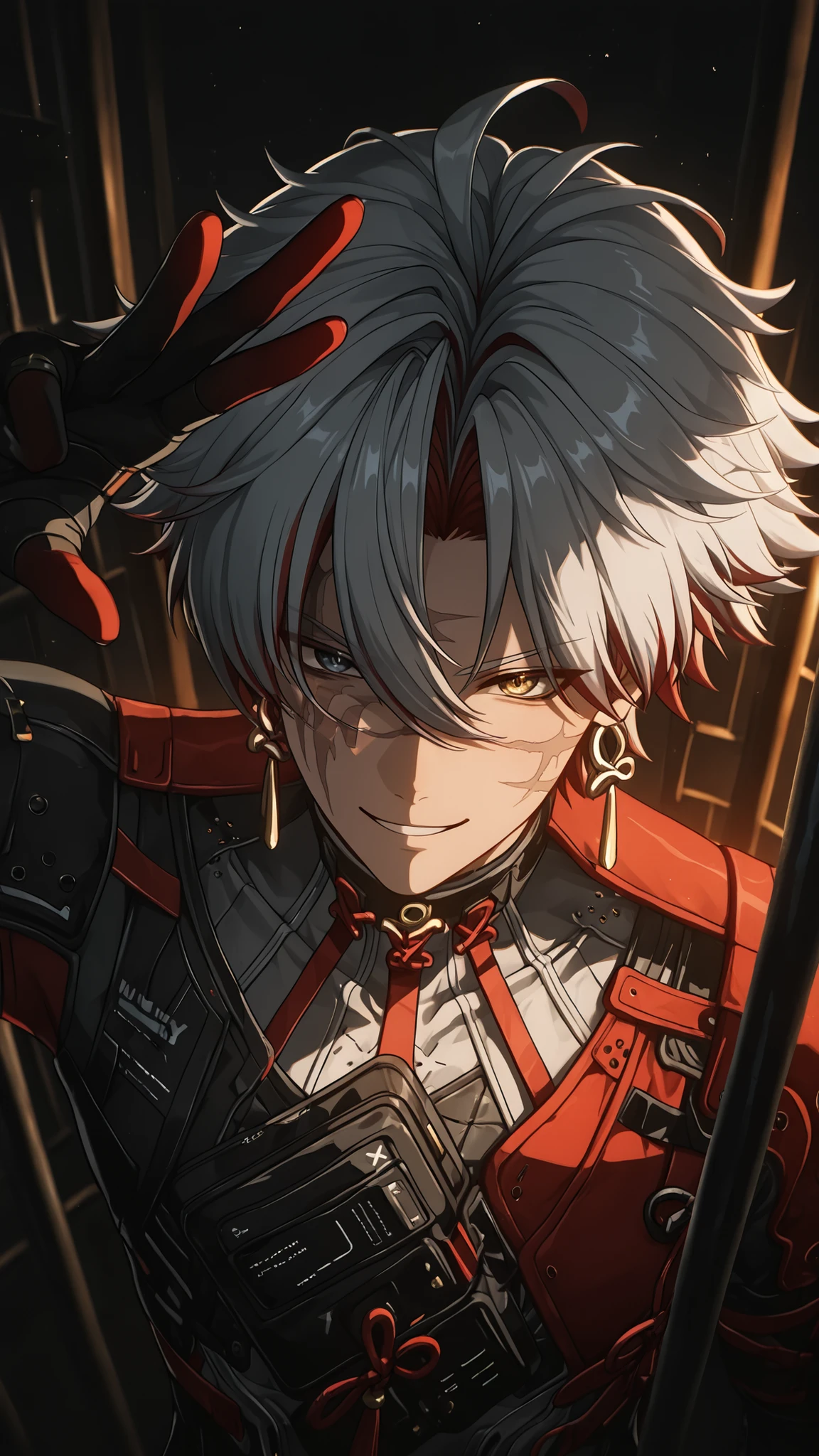 masterpiece, high quality, dramatic lighting, ((wuthering waves, Scar, man, male)), wearing clothes that fit the character in the game, making a salute gesture with one hand, (with a sunny, sly and handsome smile), in prison