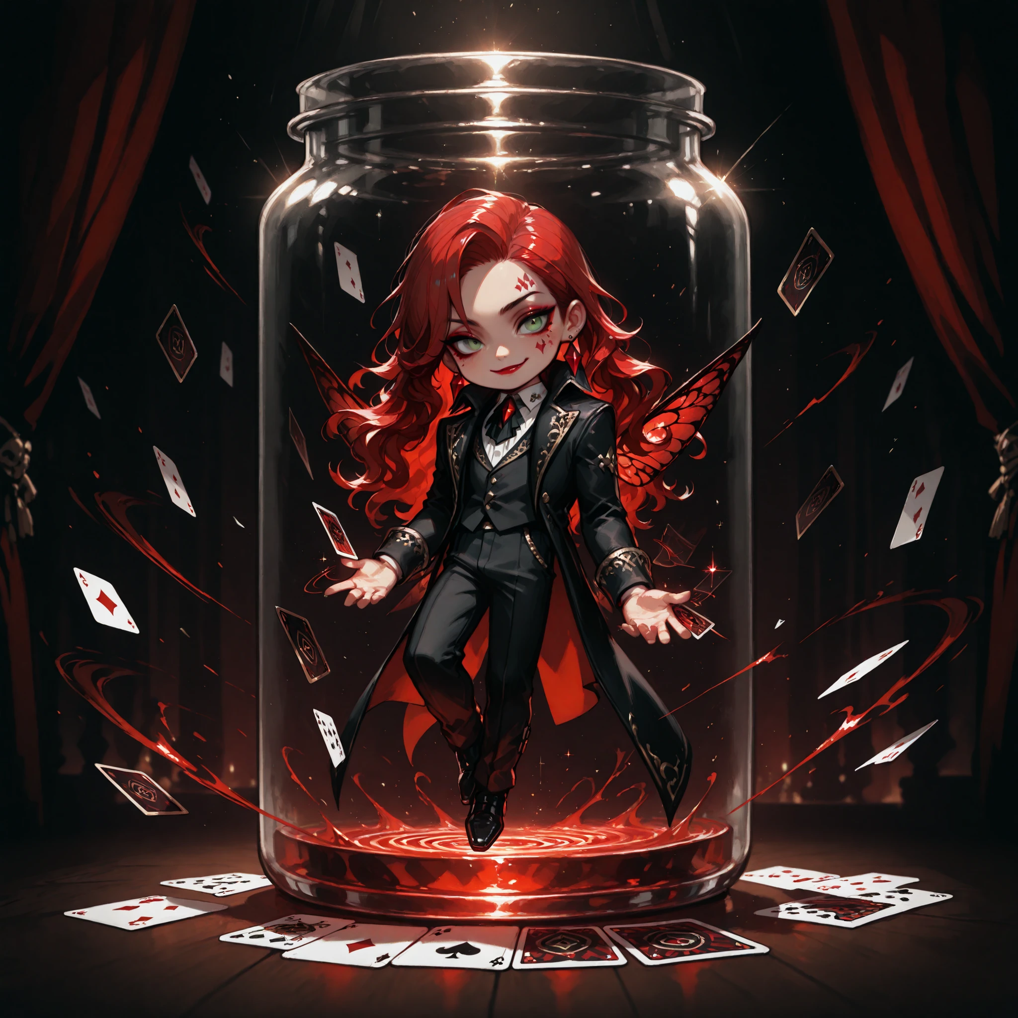 Masterpiece, high quality, ultra-detailed, chibi, solo, ((1 boy)), cinematic lighting, dramatic, high contrast, villain, dangerous vibe, fantasy, grim's fairytale, ((male fairy, handsome, ikemen)), flawless skin, sly and lazy smile, green eyes, glitter eyeshadow, red eyeshadow and deep red lips on man, ((red diamond shape tattoo on left cheek)), long hair, waist-length hair, voluminous wavy hair, color mixed hair, ((black and red two-tone hair)), voluminous from the roots, off-center parted, no bangs, white formal shirt, luxury black coat, fitted male coat, ((black slacks)), wearing ornate victorian cravat with lace ruffles, elegant noble man outfit, ouji fashion, long and gorgeous earrings, ornate jester, cool but suspicious, glowing moth wings, inside a sealed transparent round glass bottle, glowing magical liquid at bottom floating magical playing cards surrounding the boy, levitating cards, glowing cards, spinning cards, cards in spiral motion, cards emitting magical light, sparkling card effects, magical particle effects around cards, dynamic card movement, magician card flourish,

take a bow, curtain call, elegant manner, on stage