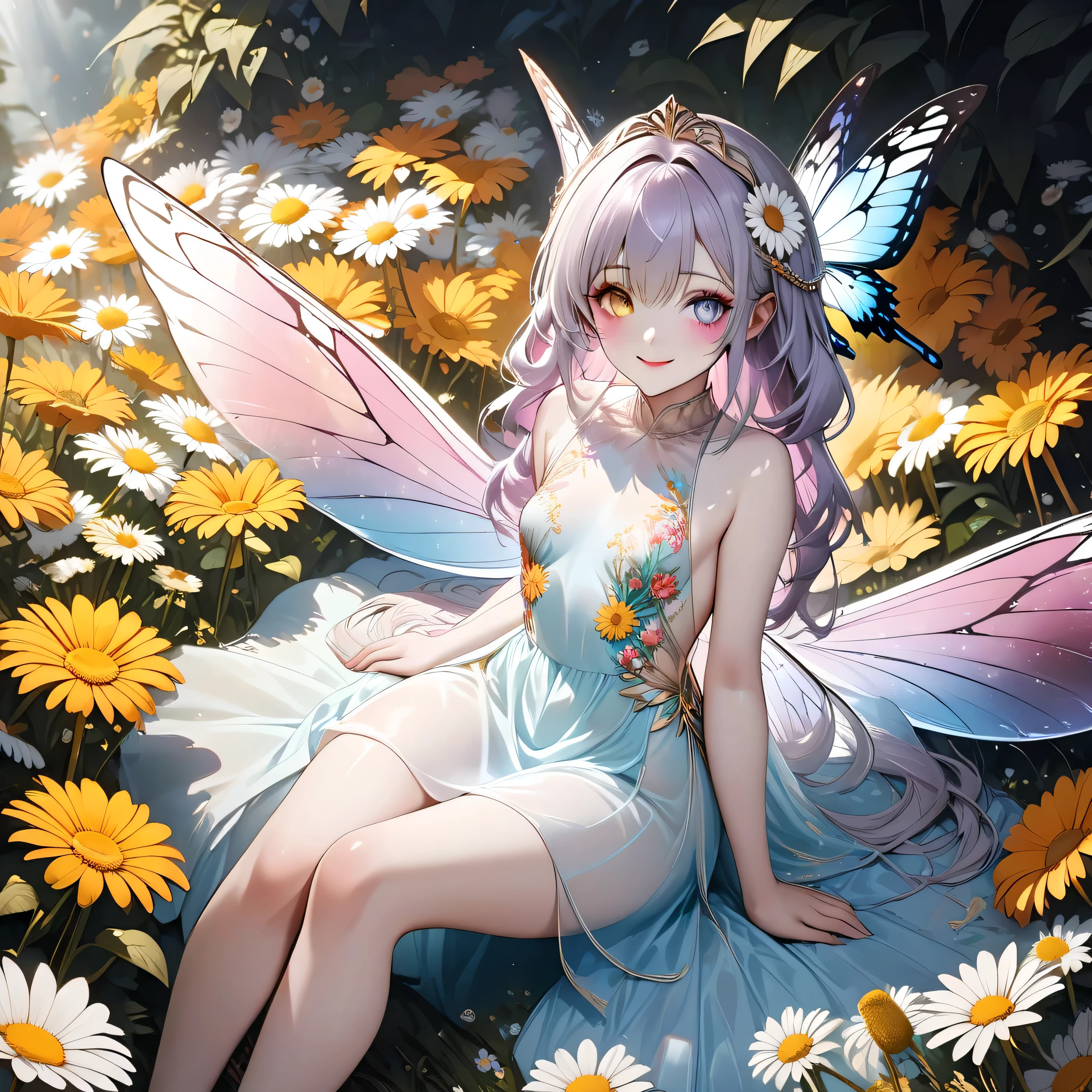 (Top quality, 8K, highest resolution, masterpiece, ultra-realistic)), ((Heterochromia, golden eyes, silver eyes)), ((Sitting with legs stretched out on a huge single daisy flower)), ((Odd-eyed fairy high school girl)), ((Heterochromia, golden eyes, silver eyes)), ((Sparkling, detailed eyes)), (Eyes with attention to detail), ((Crystal eyes)), (Long wavy platinum and purple hair), Princess cut, ((Translucent, shining white skin)), Glowing skin, Pure white skin, ((Small breasts)), (Anatomically accurate), ((Five fingers, detailed depiction down to the fingertips)), ((Backless pink silk dress with floral embroidery) ((wearing a beautiful dress)), ((sitting with her legs stretched out on a huge daisy flower)), ((large, colorful swallowtail butterfly wings on either side of her back)), ((a beautiful cluster of huge flowers)), ((from above, looking down at the upper body)), ((a huge daisy flower enveloping her)), swallowtail butterfly wings, smiling face, very beautiful, wonderful, super fantastical, full of huge, beautiful flowers