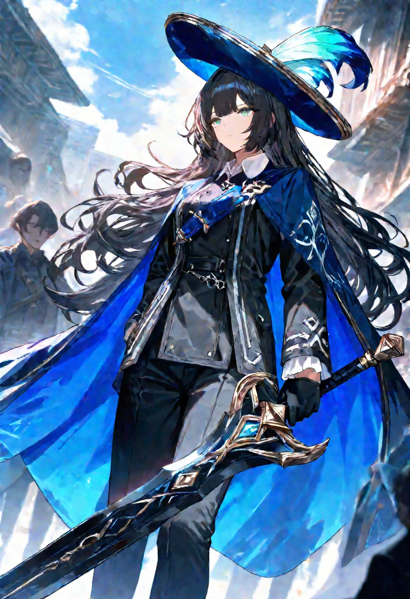 mint gradint hair, black hair, gloves, black gloves, mint eyes, multiple girls, blue cape, shirt, white shirt, holding a huge sword in one hand, plume, long hair, expressionless, multiple boys, collared shirt, solo focus, long sleeves, cape, outdoors, 1girls, closed mouth, sky, blue headwear, coat, multiple others, holding weapon, open mouth,<lora:LimbusCompany Style:1>, (masterpiece, high score, great score , very aesthetic , high resolution , ultra-detailed , absurdres , newest , (dynamic angle:1 . 2))