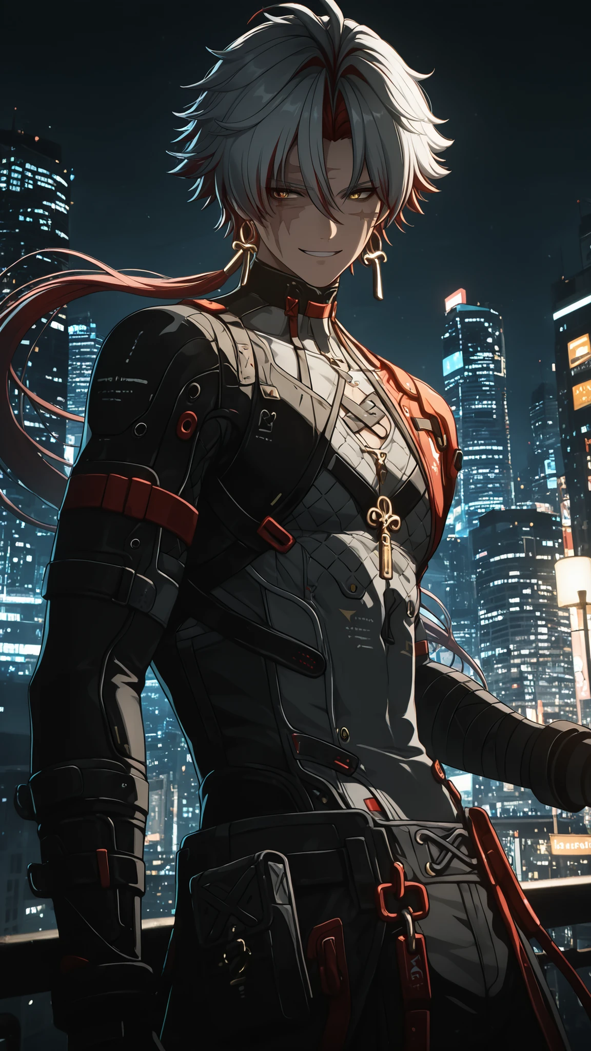 masterpiece, high quality, dramatic lighting, ((wuthering waves, Scar, man, male)), wearing clothes that fit the character in the game, (with a sunny, sly and handsome smile), in a city