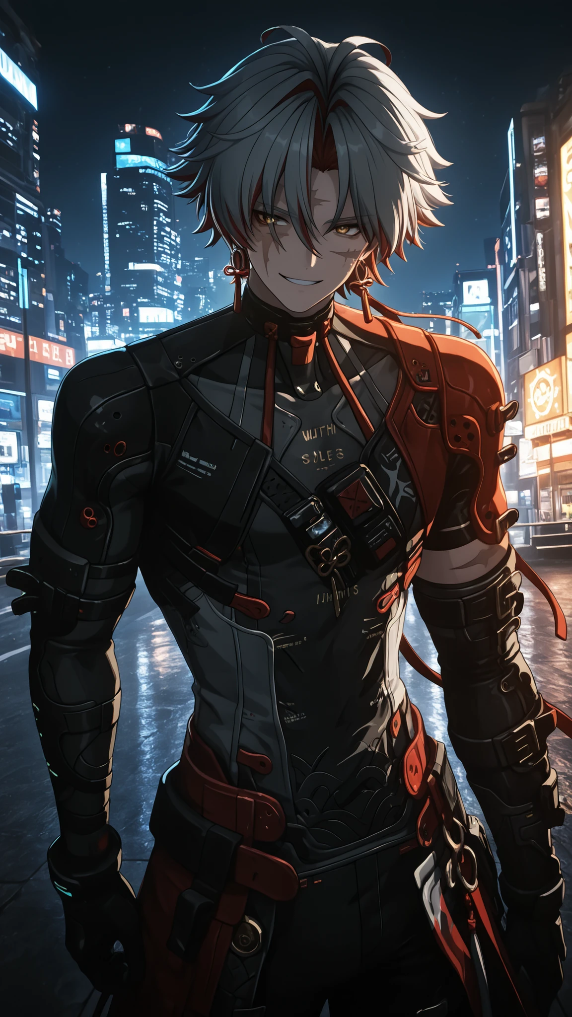masterpiece, high quality, dramatic lighting, ((wuthering waves, Scar, man, male)), wearing clothes that fit the character in the game, (with a sunny, sly and handsome smile), in a city