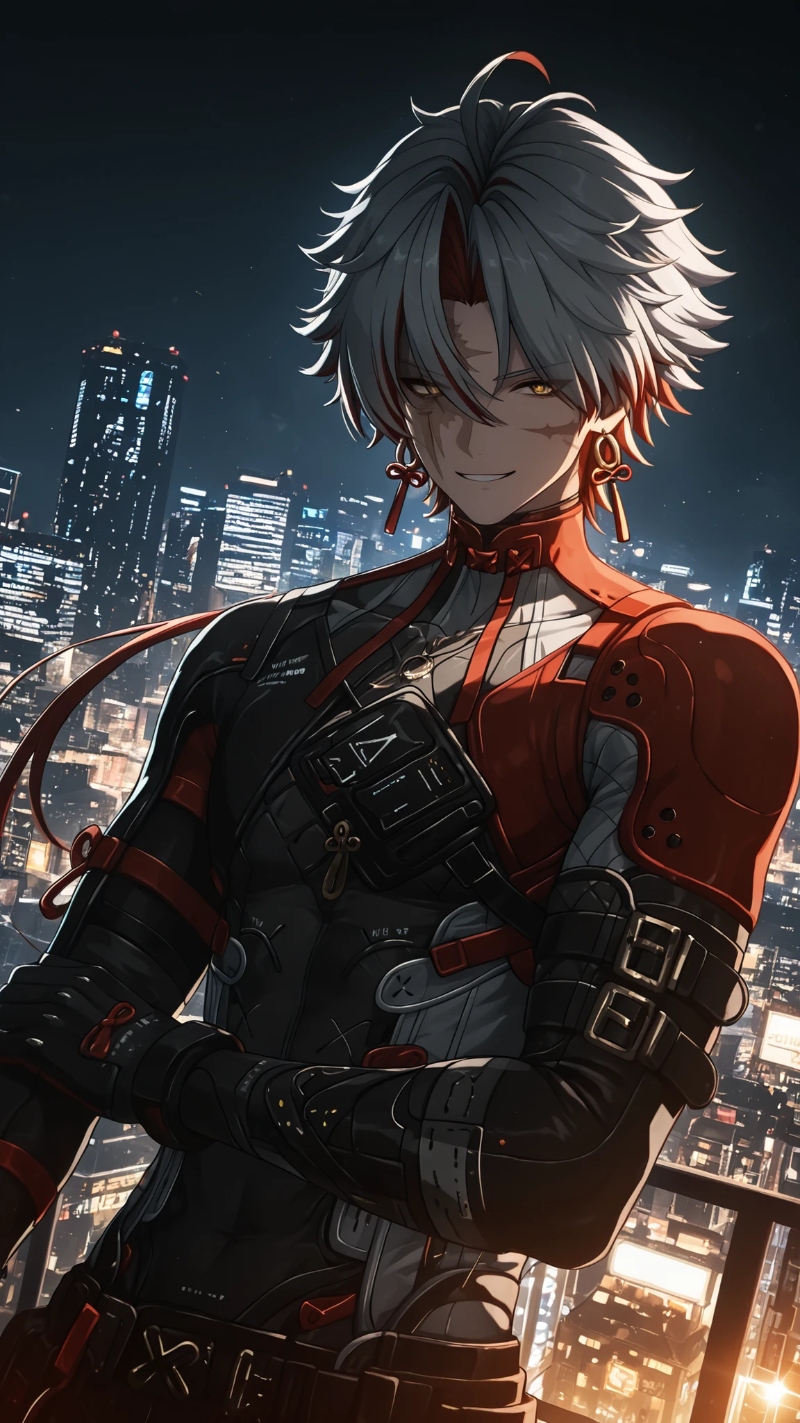 masterpiece, high quality, dramatic lighting, ((wuthering waves, Scar, man, male)), wearing clothes that fit the character in the game, (with a sunny, sly and handsome smile), in a city