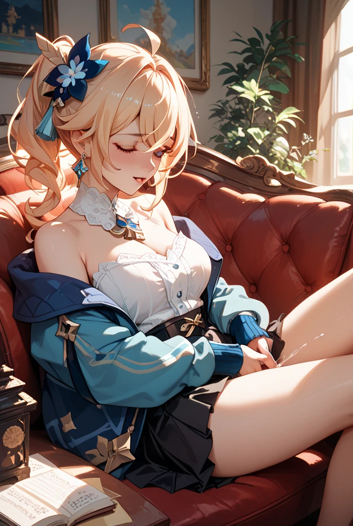1girl, navia \(genshin impact\), genshin impact,living room,lying on a sofa, bondage,gaged,ballgag,rope,hand behind back,masterpiece,very aesthetic,newest,