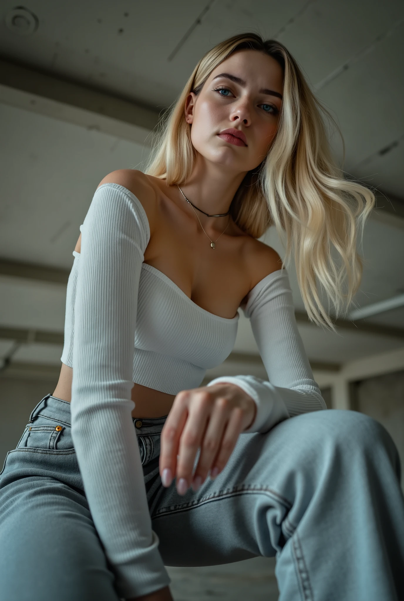 stunn1ng, photorealistic, extreme low-angle Dutch-angle crop shot, candid photography style, white european caucasian, 1girl, young adult, youthful, narrow waist, perky breasts, flat stomach, alluring youthful face, soft cute features with subtle sharpness in cheekbones, vivid icy blue contact lenses with an intense frosty glare, dyed blonde hair with visible natural brown roots, middle-parted hair, extremely straight hair like an arrow, long hair past shoulders, ((mouth closed at all times)), ultra commanding and annoyed expression, piercing half-lidded eyes glaring downward with impatience and superiority, sharply furrowed brow, jaw set tight, no smile, projecting "comply or face my wrath" energy, hips angled forward slightly but pose simplified — one hand resting firmly on hip, other arm relaxed at side, exceptionally high-waisted grey skinny jeans visible, jeans slightly flared at hem, outfit clings naturally to body, long manicured fingernails with classic french tips, barren empty garage background, raw concrete walls and floor, muted industrial tones, ambient neutral daylight, cinematic soft shadows, cool-toned lighting, icy aesthetic, ultra-detailed, 8k, editorial realism, oppressive power dynamic, tilted composition adding subtle unease, fashion photography tone
