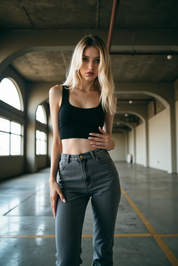 a hot woman, natural makeup, long wavy blonde hair, (perfect body, big , , model, armpit), (casual pink tight shirt with rounded-neck short-sleeve), (ripped denim short), high heels, stilettos, daylight at rooftop, skypercity background, dynamic light, depth of field, dynamic angle, candid, full body