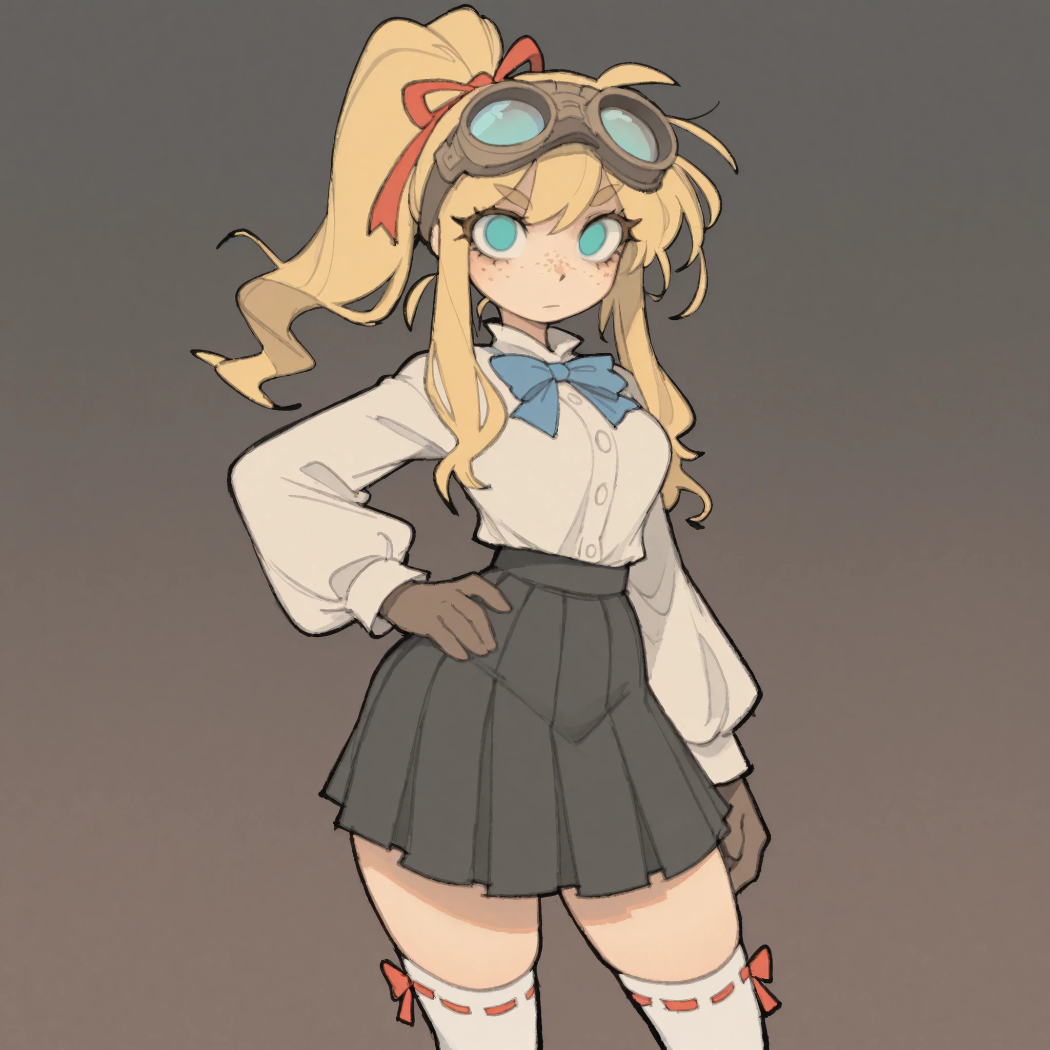 masterpiece, ultra-HD, impressionism, high detail, best quality, very aesthetic, 8k, best quality, beautiful, tmchng, 1girl, solo, long blonde hair, high ponytail, long locks, red ribbon, almond-shaped eyes, turquoise eyes, eyelashes, empty eyes, freckles, bushy eyebrows, medium breasts, narrow waist, wide hips, thick thighs, slim, white buttoned long sleeves shirt, blue bowtie, black pleated skirt, white thigh high socks, brown gloves, welding goggles on forehead, serious, neutral, hand on hips, standing, looking at viewer, simple background, front view