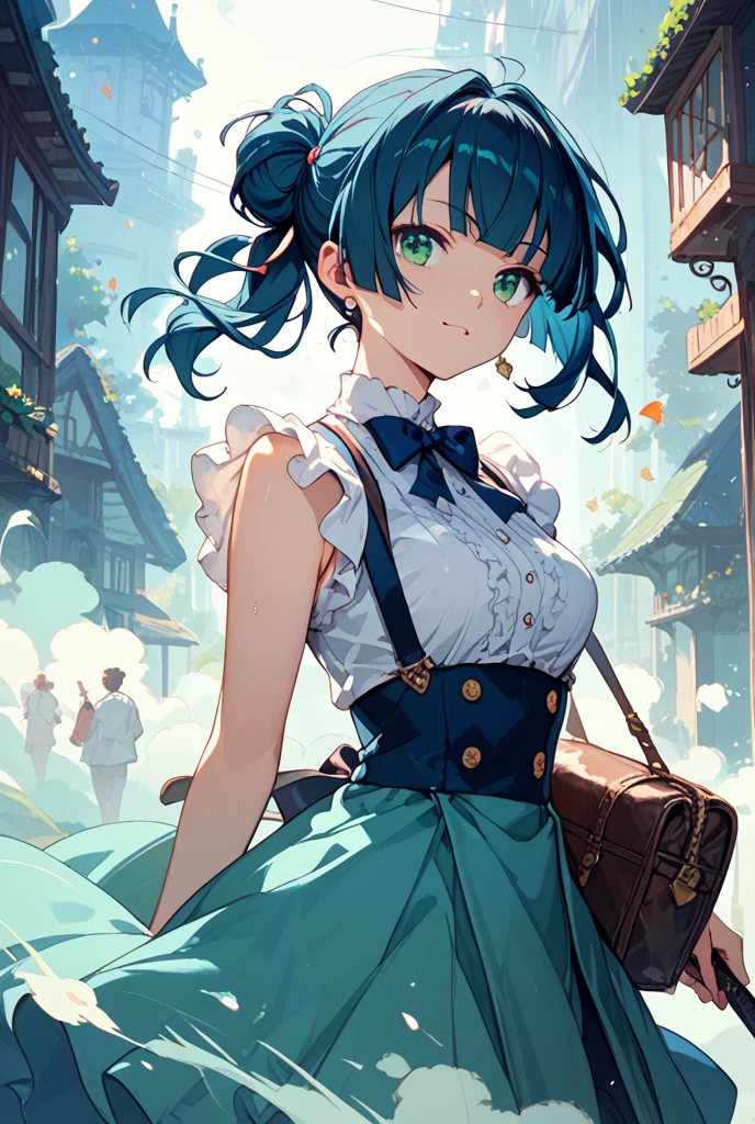 ,One girl,Deltamon_beta, alone, blue eyes, Knee socks, Animal ears,  shoulders, Blue Tail, Earrings,Removable sleeves, Green Hair, No sleeve, Cat ear, bag, white Knee socks, Cat's Tail,pink backpack,Pink school bag, Breaking, teeth, teeth focus, , , Destroy the mimic , BREAK score_9, score_8_superior, score_7_superior, score_6_superior, score_5_superior, score_4_superior, anime, No correction, (high quality, detailed, beautiful), Shiny, detailed beautiful eyes, Extraordinary, Countershading, detailed soft lighting