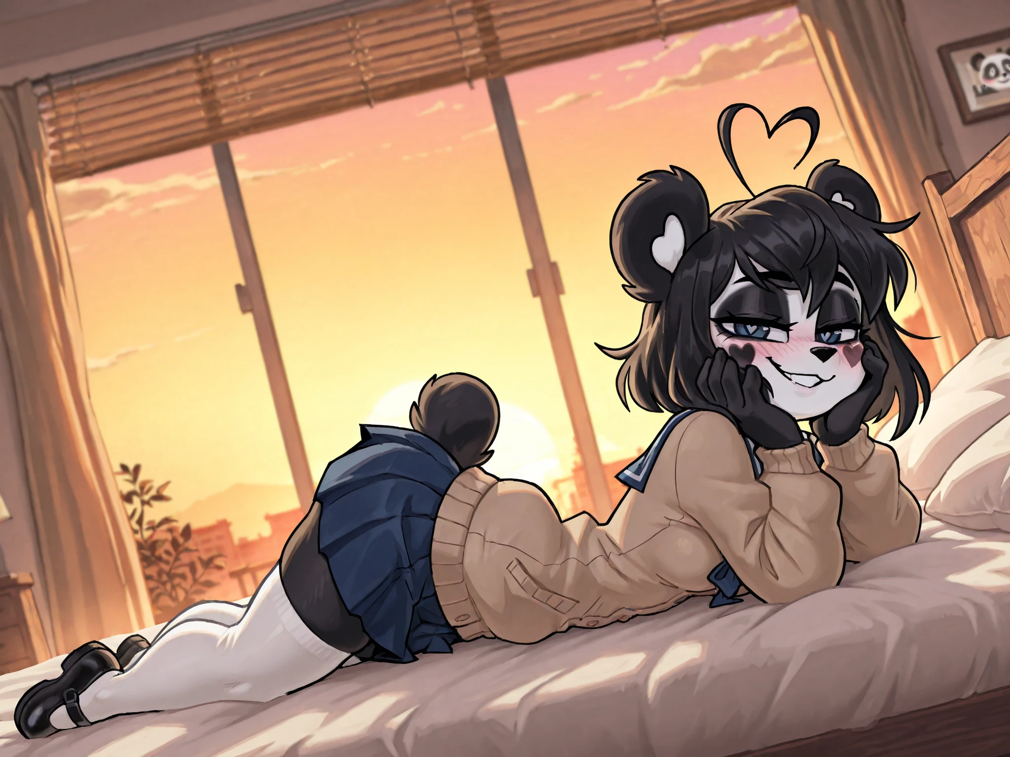 masterpiece, best quality, amazing quality, very aesthetic, high resolution, ultra-detailed, absurdres, newest, scenery, female focus, contrast lighting, side lighting, masterpiece, best quality, newest, absurdres, highres, amazing quality, very aesthetic, cute eyes, no lineart, cinematic, dynamic angle, solo, ambient lighting, rendered, masterpiece, best quality, seductive expression, 1girl, anthro, furry, fur, fluffy fur, BREAK, 4shc0rp, furry female, animal fur, black hair, panda ears, cardigan, serafuku, blue skirt, white thighhighs, mary janes, bear tail, furry, panda ears, animal nose, black fur, white fur, eyes makeup, black eyes, panda tail, heart ahoge, cheek heart, black arms, black legs, black hair, medium hair, blue eyes, half-closed eyes, small breasts, thighs, solo, (bedroom), (sunset), detailed, (hands on face), cute grin, blush, cocky smile, laying face down on bed, (short stack), side view, looking at the viewer, arching back, (19-year-old girl), head tilt, vanripper