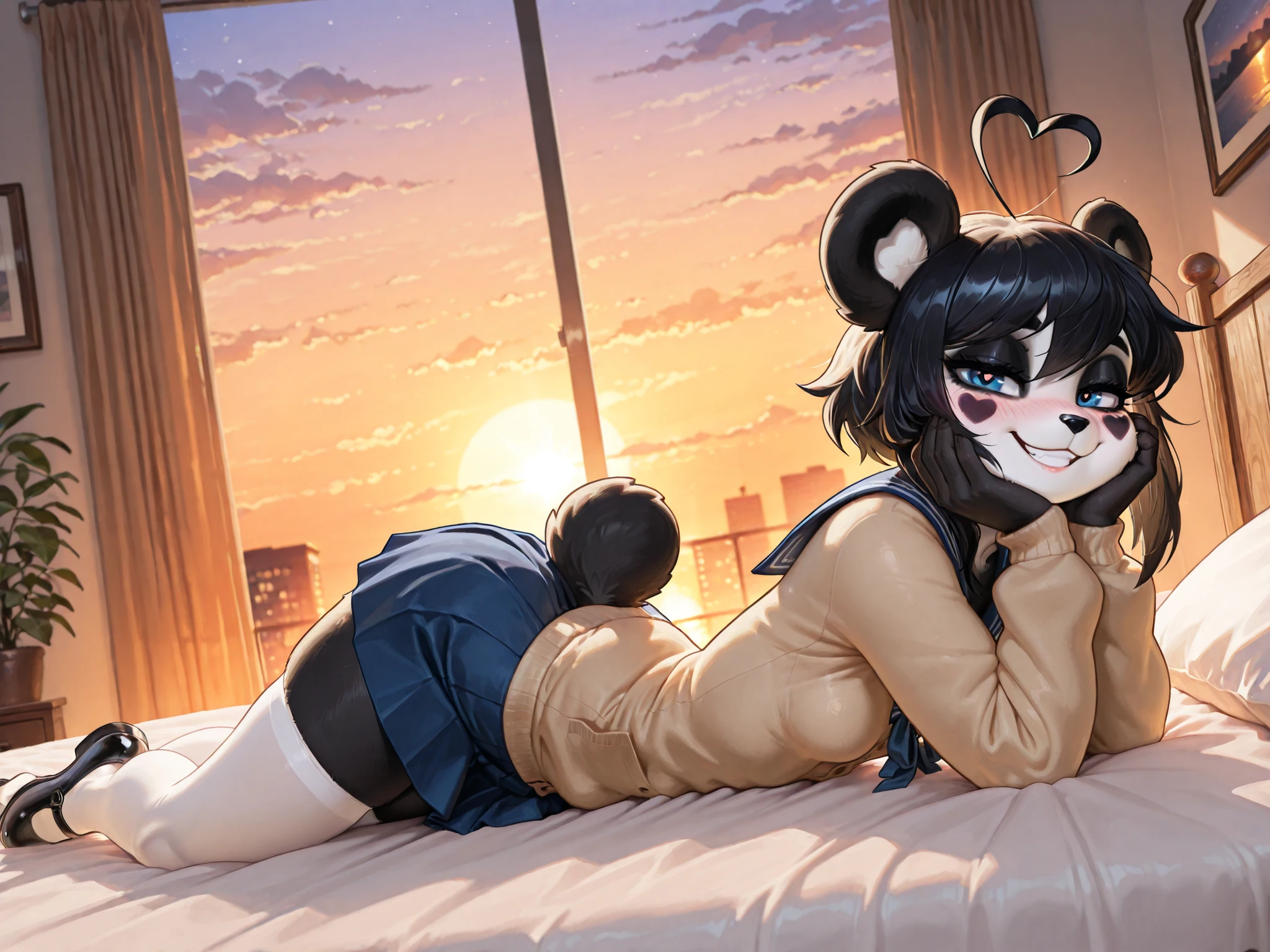 masterpiece, best quality, amazing quality, very aesthetic, high resolution, ultra-detailed, absurdres, newest, scenery, female focus, contrast lighting, side lighting, masterpiece, best quality, newest, absurdres, highres, amazing quality, very aesthetic, cute eyes, no lineart, cinematic, dynamic angle, solo, ambient lighting, rendered, masterpiece, best quality,  expression, 1girl, anthro, furry, fur, fluffy fur, BREAK, 4shc0rp, furry female, animal fur, black hair, panda ears, cardigan, serafuku, blue skirt, white thighhighs, mary janes, bear tail, furry, panda ears, animal nose, black fur, white fur, eyes makeup, black eyes, panda tail, heart ahoge, cheek heart, black arms, black legs, black hair, medium hair, blue eyes, half-closed eyes, small , thighs, solo, (bedroom), (sunset), detailed, (hands on face), cute grin, blush, cocky smile, laying face down on bed, side view, looking at the viewer, arching back, (19-year-old girl), head tilt