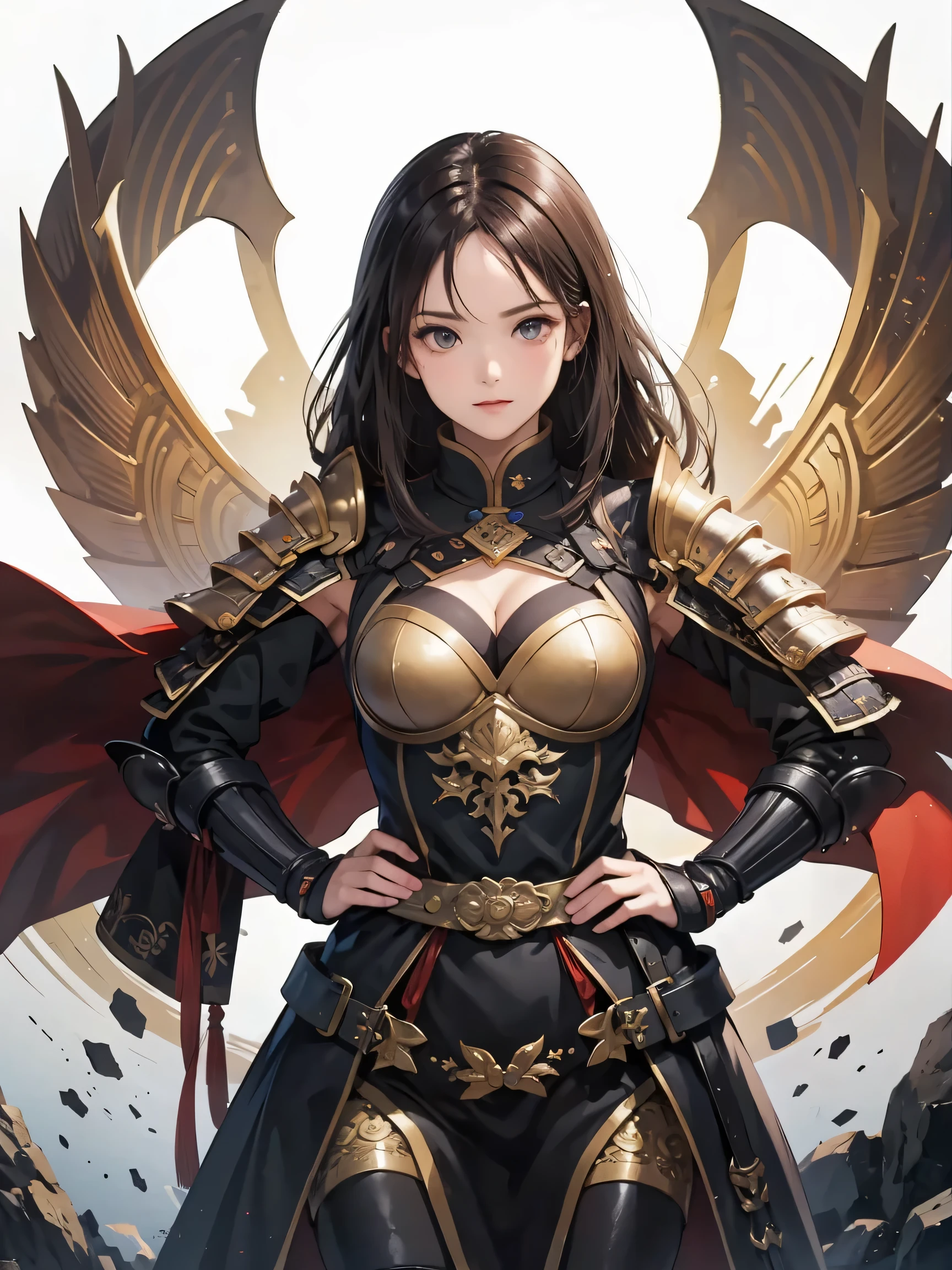 Beautiful woman with dark hair :1.3, Groovitz , Hanhu ,(( pure white background )), ( Highest Quality), handsome,naked、 female knight with an exquisitive drawn hand facing forward {x} with an astonishing muscular physique {X} Beautiful female knight , 2. 5d cgi Fantasy Artwork , 、 detailed digital art, EXtremely Great Work , fan art best art station , (Black velvet long cape ),( Suetsu :1.2)( EXpressionless ), eXquisitely drawn hand 、 I'm putting my hand on my lower back, facing forward、Chinese Armor, Above the waist、 one woman、 The chest part of the armor is wide open、 the chest is exposed、、2 arms.correctly drawn hand、