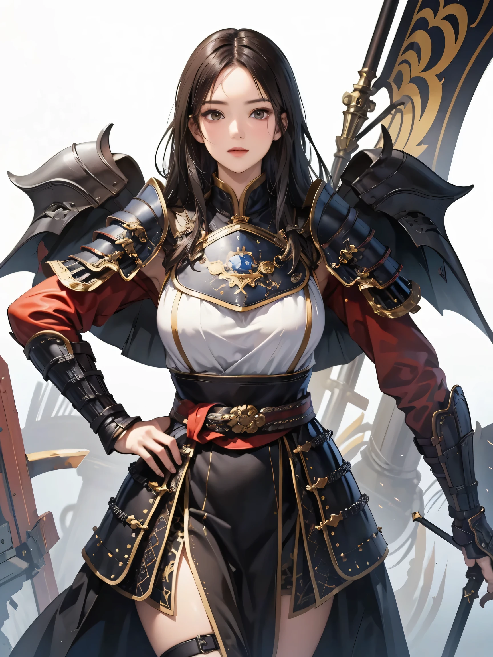 Beautiful woman with dark hair :1.3, Groovitz , Hanhu ,(( pure white background )), ( Highest Quality), handsome,naked、 female knight with an exquisitive drawn hand facing forward {x} with an astonishing muscular physique {X} Beautiful female knight , 2. 5d cgi Fantasy Artwork , 、 detailed digital art, EXtremely Great Work , fan art best art station , (Black velvet long cape ),( Suetsu :1.2)( EXpressionless ), eXquisitely drawn hand 、 I'm putting my hand on my lower back, facing forward、Chinese Armor, Above the waist、 one woman、 The chest part of the armor is wide open、 the chest is exposed、、2 arms.correctly drawn hand、