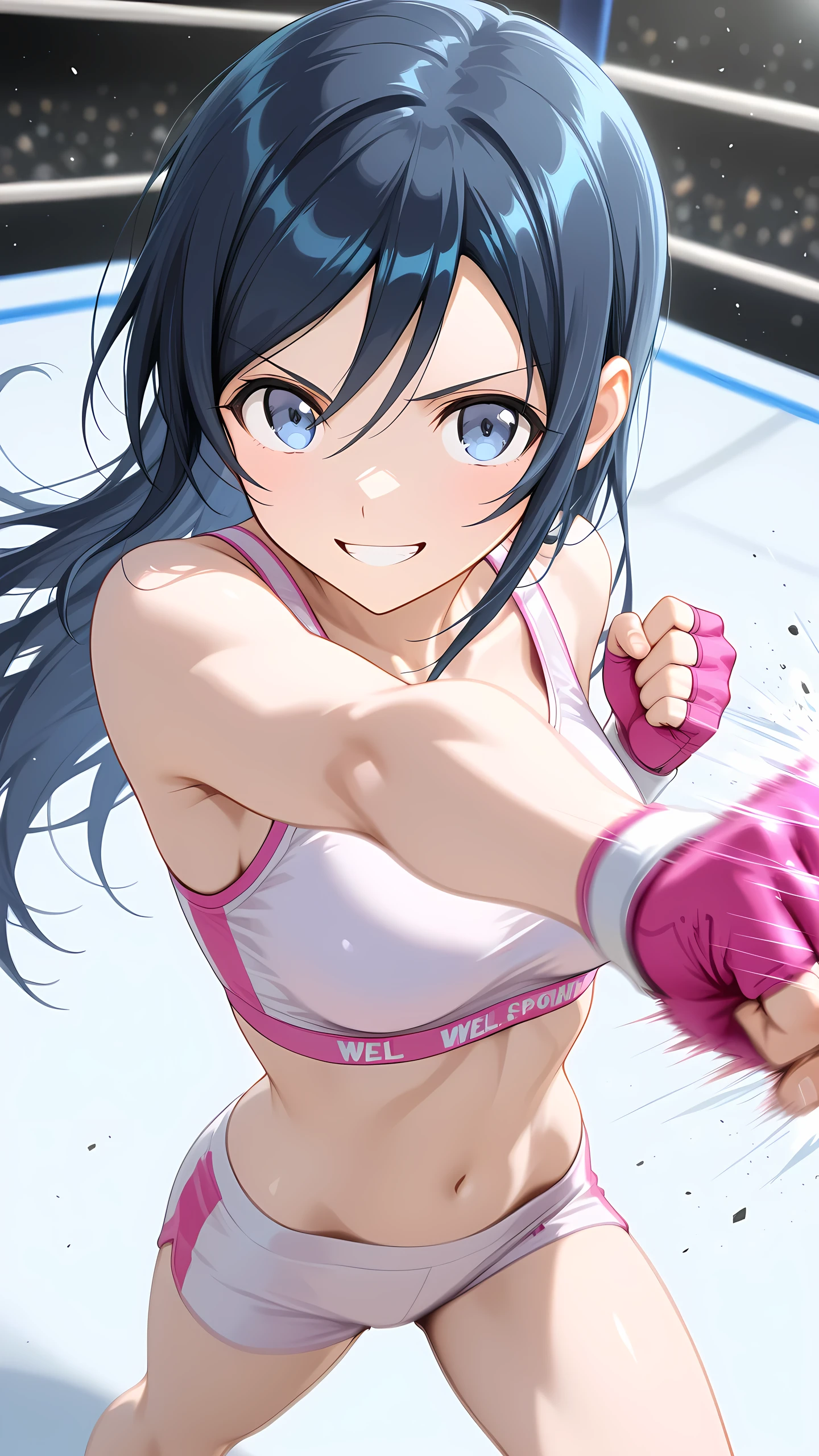 aragaki ayase, solo, white and pink sports bra, white and pink boy-leg cut sports underwear, pink fingerless gloves, grin, looking at viewer, Detailed eyes, Detailed face, well-toned body, medium shot, face focus, from above.
p4nch,looking at viewer, punching, uppercut, clenched hand, motion lines, motion blur,
indoor boxing ring, (depth of field),