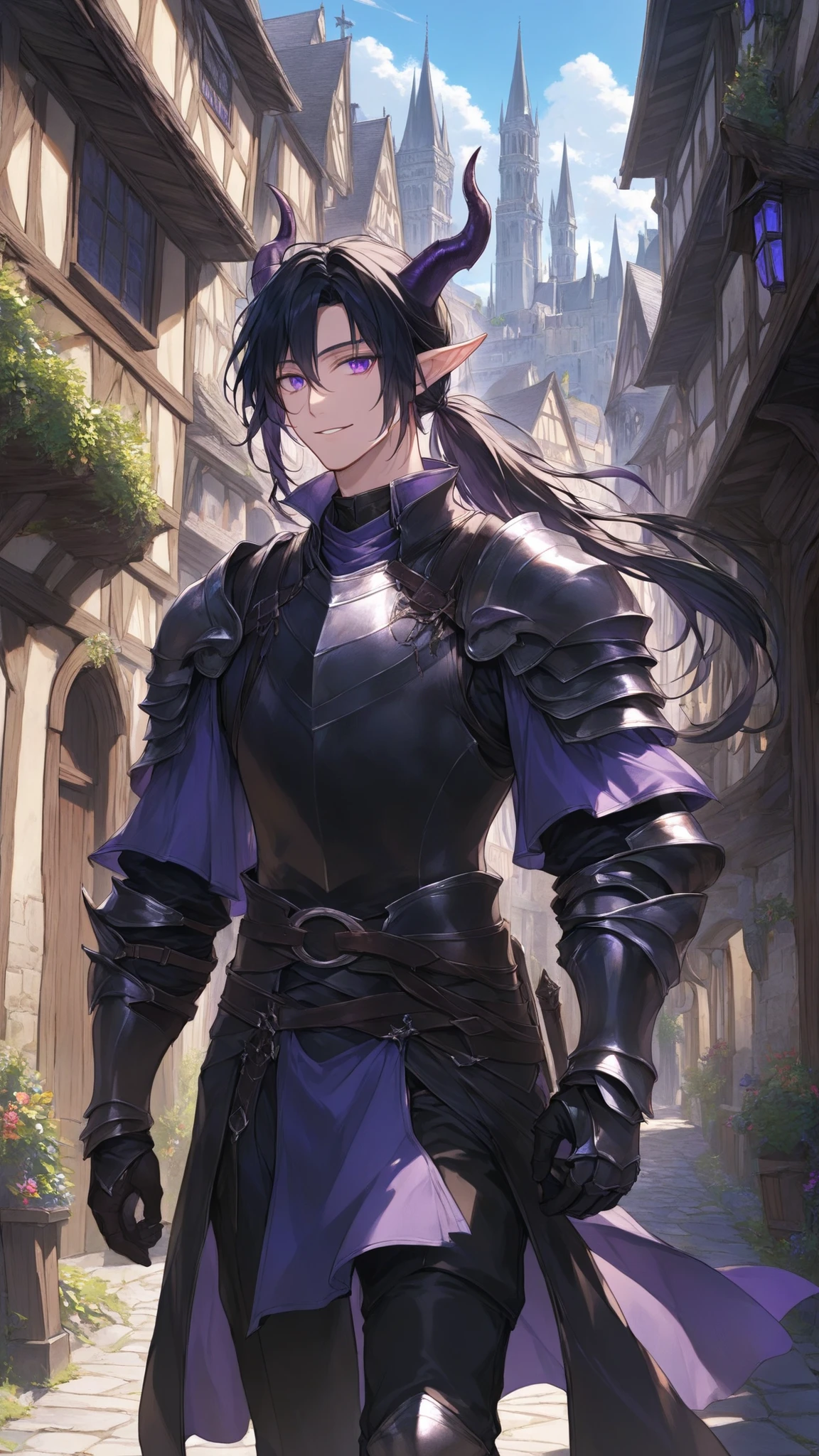 masterpiece, high quality, dramatic lighting, inside fantasy like medieval city, a man walking inside a town, ((male, man)), ((long black hair, ponytail)), violet eyes, long elf like ears, two long demon horns, wearing leather armor, assainlike, light smile