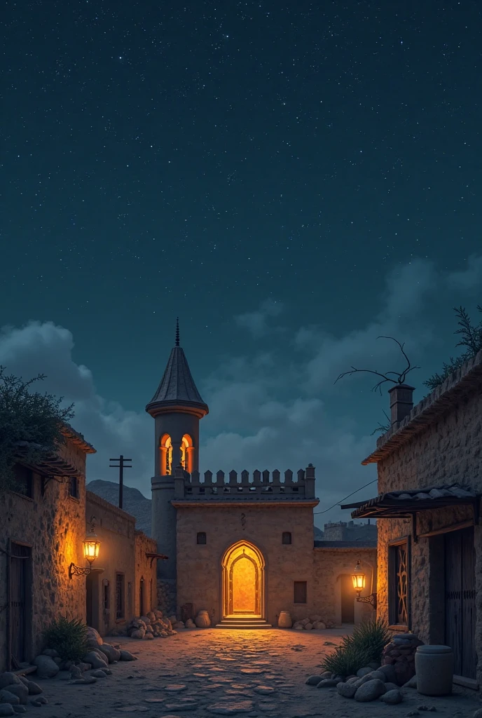 Cartoon animation ink-style of ancient Jerusalem covered in heavy shadows, with a gloomy sky and darkened stone streets.