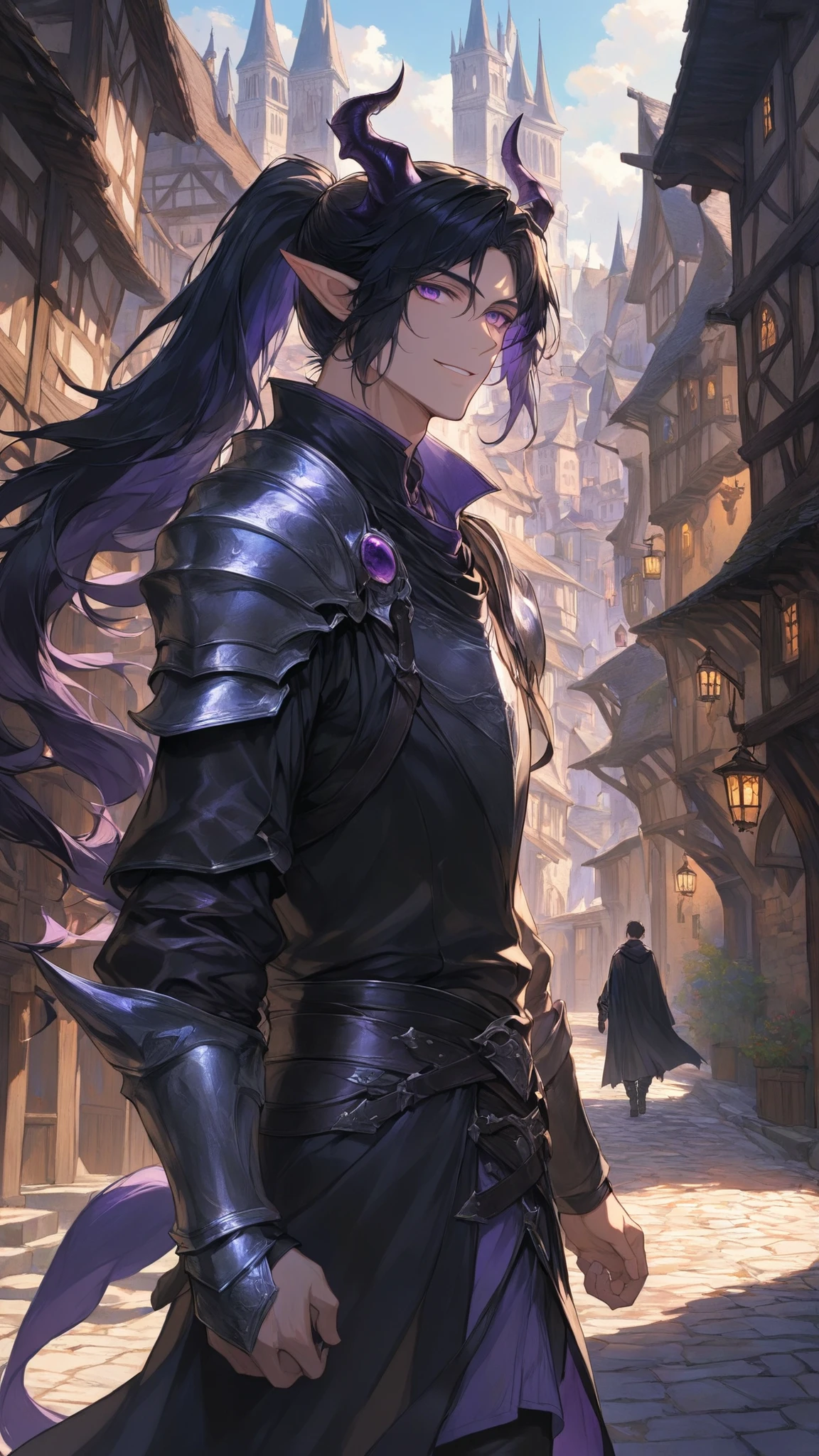 masterpiece, high quality, dramatic lighting, inside fantasy like medieval city, a man walking inside a town, ((male, man)), ((long black hair, ponytail)), violet eyes, long elf like ears, two long demon horns, wearing leather armor, assainlike, light smile