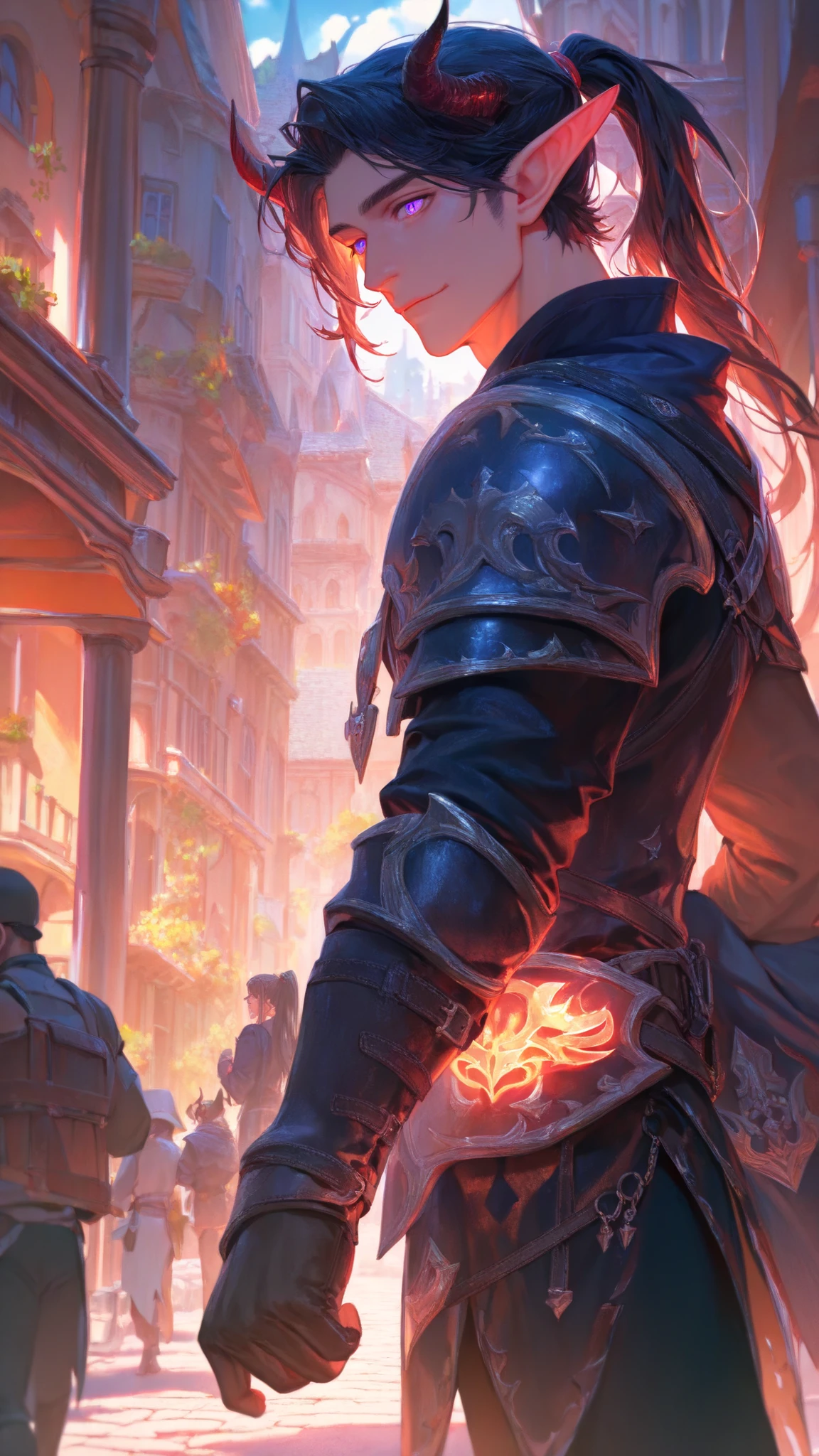 masterpiece, high quality, dramatic lighting, inside fantasy like medieval city, a man walking inside a town, ((male, man)), ((long black hair, ponytail)), violet eyes, long elf like ears, two long demon horns, wearing leather armor, assainlike, light smile