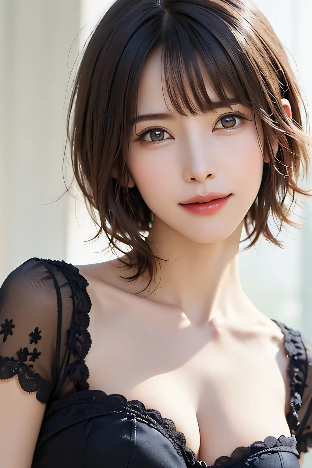 ((masterpiece)), ((Highest quality)), ((Complex)), ((Surreal)), (Realistic), (Mature Woman), ((There are no classes)), Very detailed, (1 female), Beautiful and exquisite, (Beautiful Teeth), Grin, Brunette Bob Hair, Brown eyes, ((blouse)), (Upper Body), (background:none), Perfect Eyes, Captivating eyes, Looking at the audience