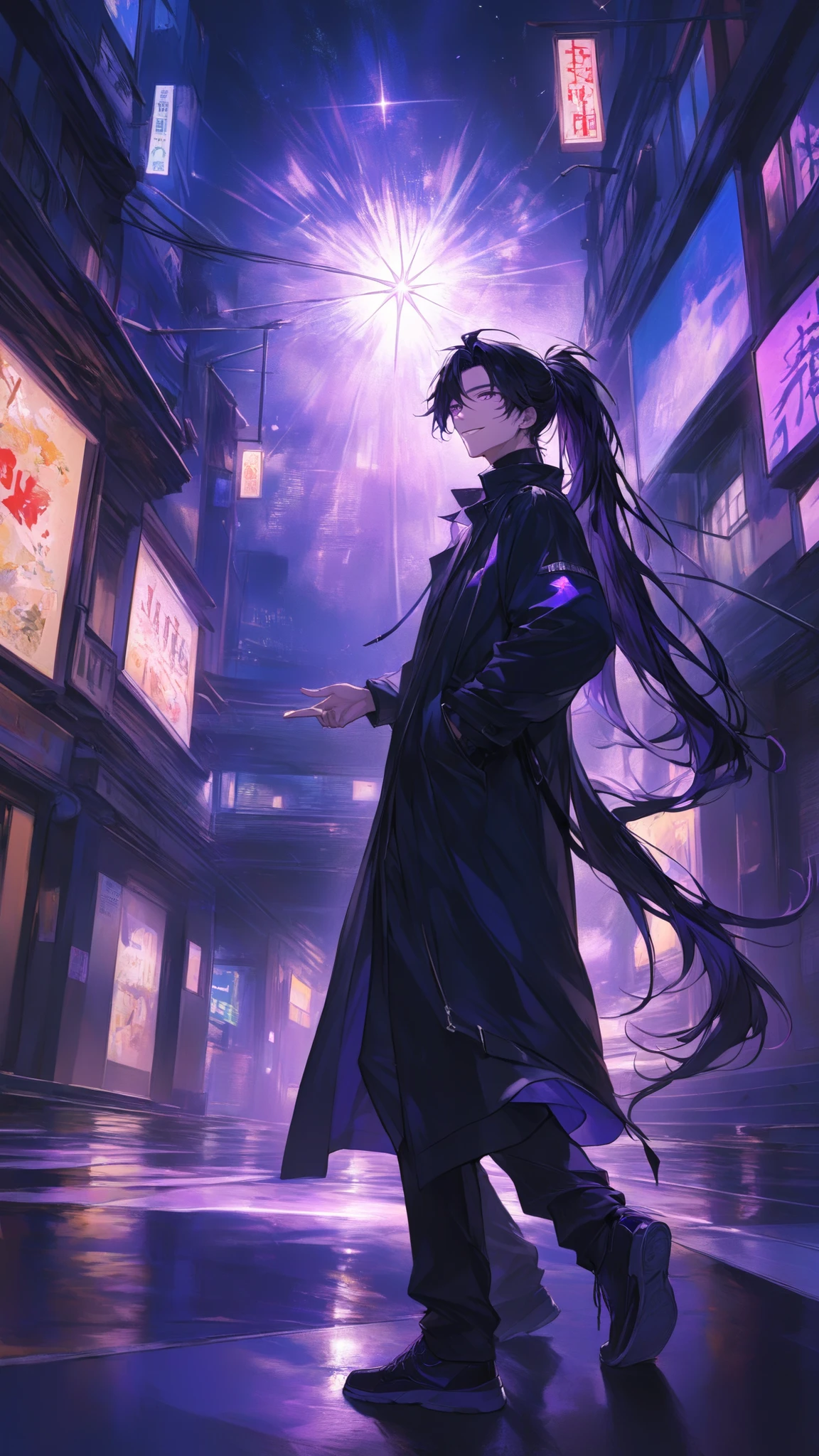 masterpiece, high quality, dramatic lighting, a man walking inside a city, ((male, man)), ((long black hair, ponytail)), violet eyes, star like, posing like a model, light smile