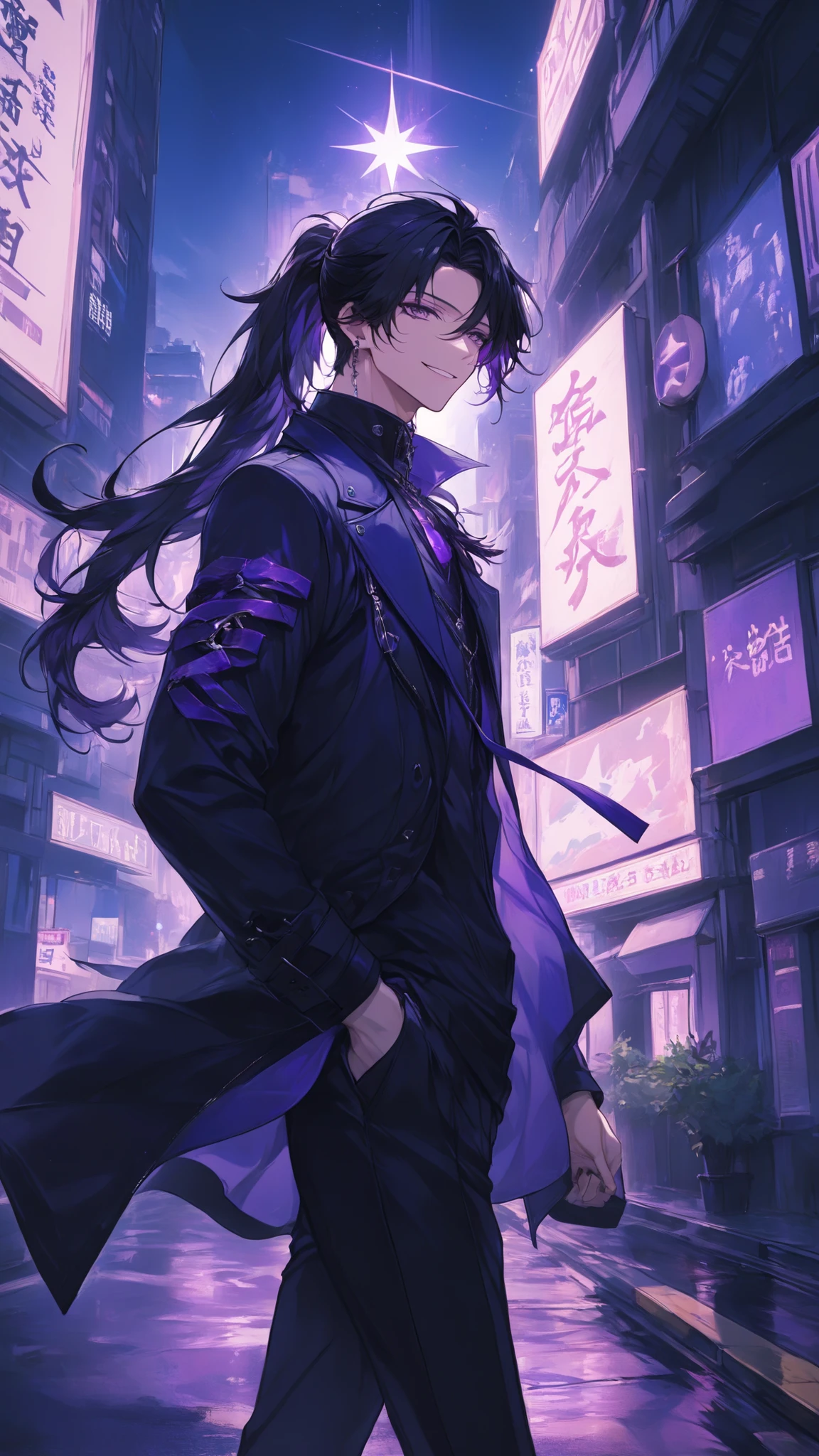 masterpiece, high quality, dramatic lighting, a man walking inside a city, ((male, man)), ((long black hair, ponytail)), violet eyes, star like, posing like a model, light smile