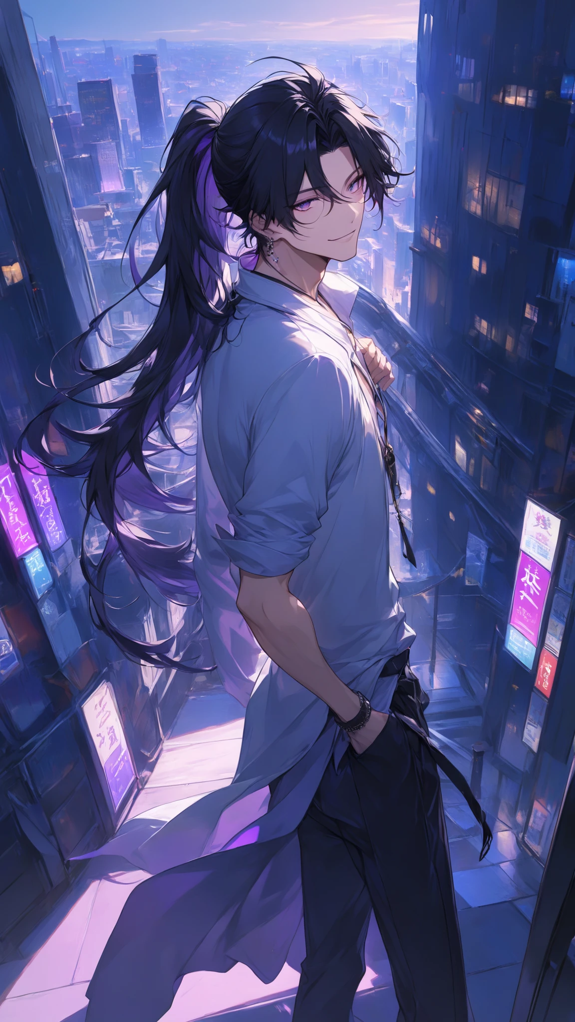 masterpiece, high quality, dramatic lighting, a man walking inside a city, ((male, man)), ((long black hair, ponytail)), violet eyes, star like, posing like a model, light smile