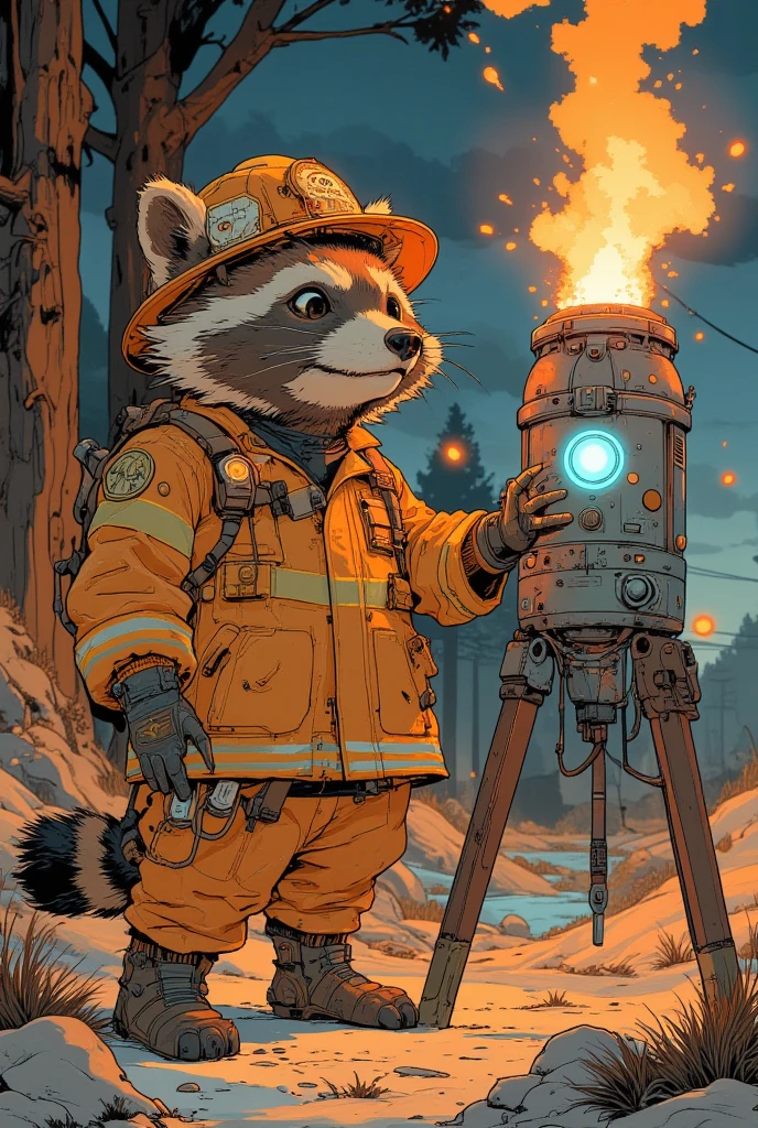 Playful raccoon in cute fire uniform stands next to a colorful firework ...