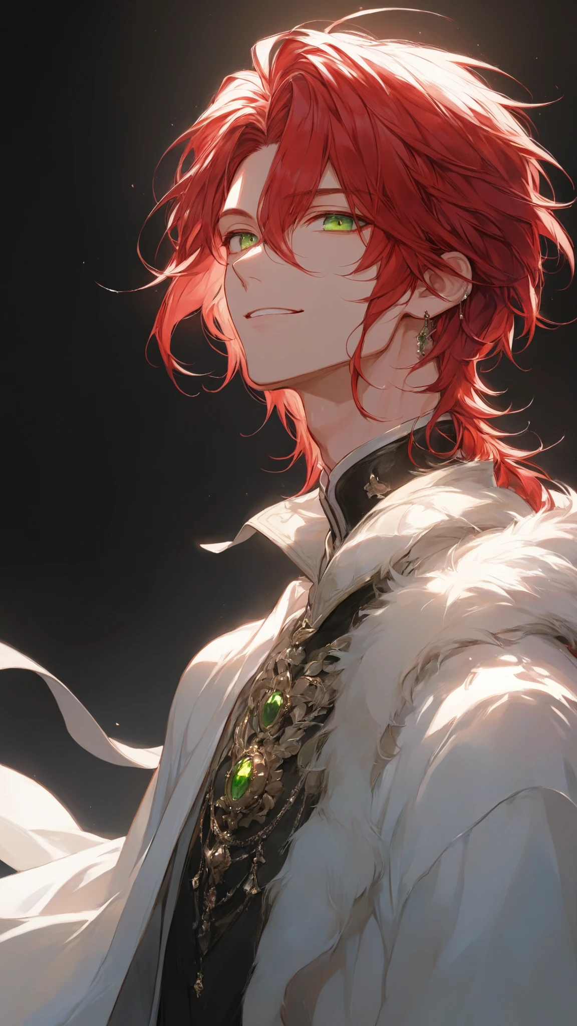 masterpiece, high quality, dramatic lighting, ((male, man)), ((mid length red hair)), green eyes, light smile