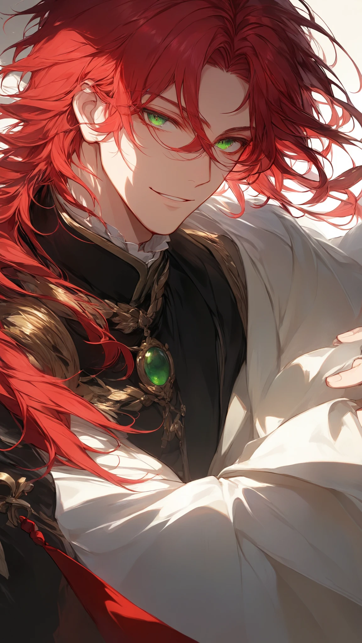 masterpiece, high quality, dramatic lighting, ((male, man)), ((mid length red hair)), green eyes, light smile