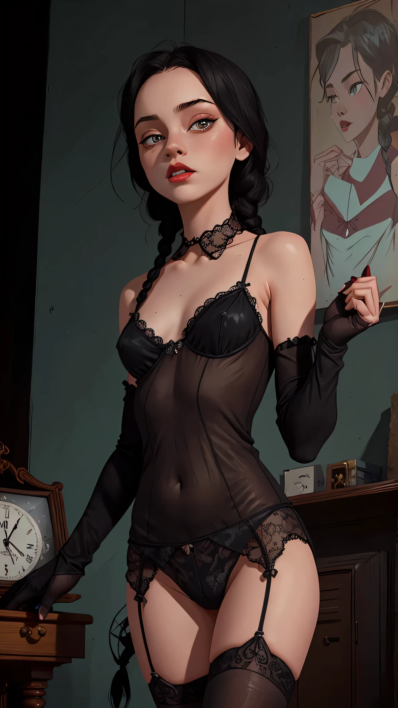 Wednesday sexy petite girl in dark lace lingerie and lace stockings, small black lace Lingerie panties, lace gloves large, legs spread open, Black hair with two braids, dark lipstick, pale skin,