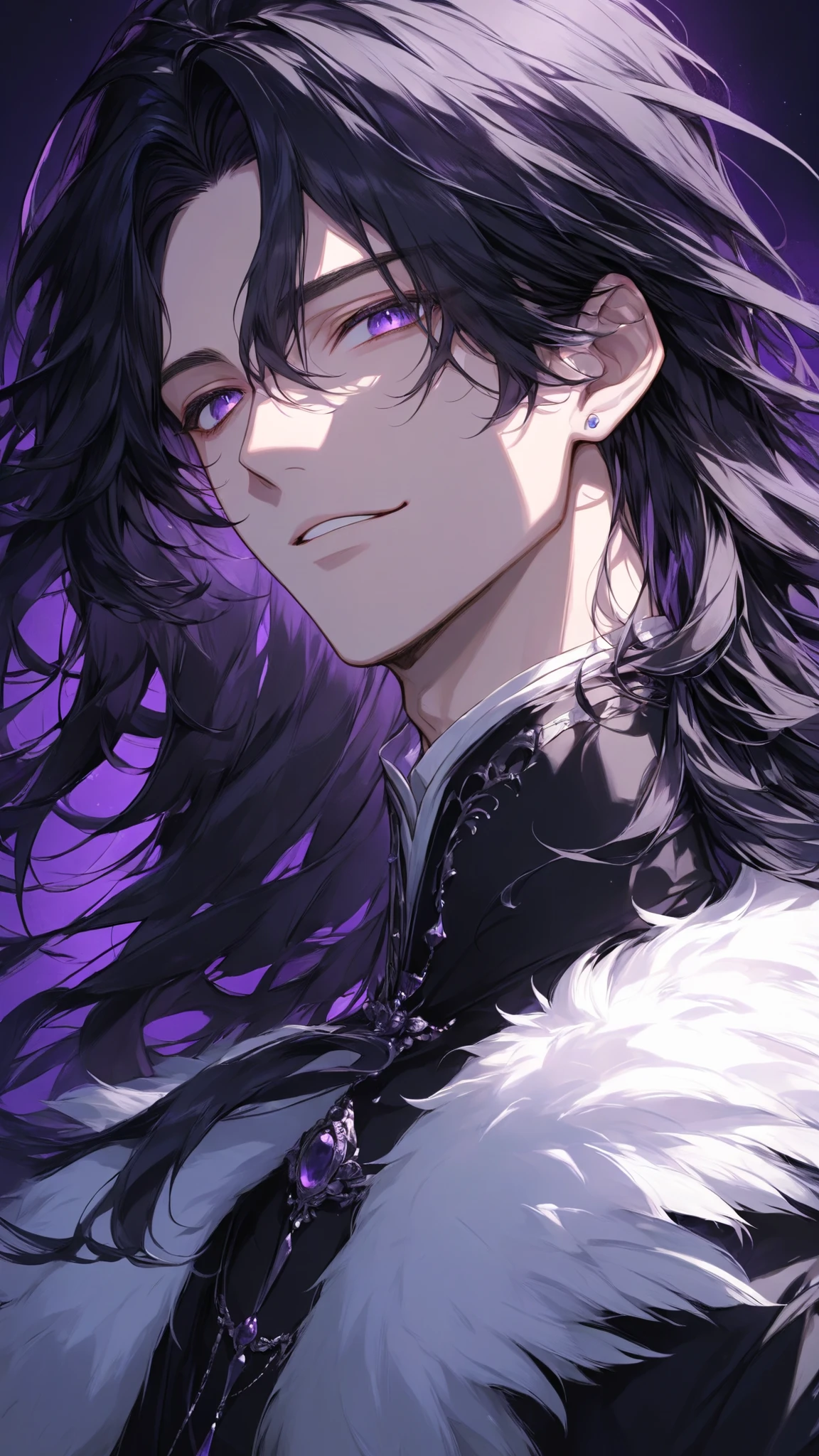 masterpiece, high quality, dramatic lighting, ((male, man)), ((long black hair)), violet eyes, light smile