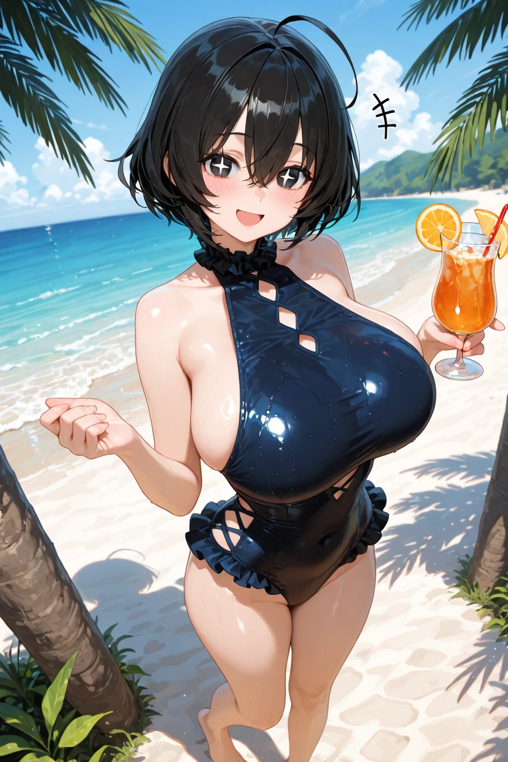 nsfw, 1woman, 21 years old, Super Beautiful Japan Girl, super pretty, Super Cute, ultra-sexy, ((Best Quality)), (Ultra-detailed), ((Extremely detailed)), ((kawaii)), Cute, (lovely), ((Sexy)), curvy, (black dull bangs:1.2), (black straight middle hair:1.4), earrings, Purple eyes, (gigantic-breasted:1.7), gleaming skin, Sunlight poolside, maid, maid headdress, maid collar, maid bikini, high heels, holding tray with tropical juice, red cheeks, embarrassed