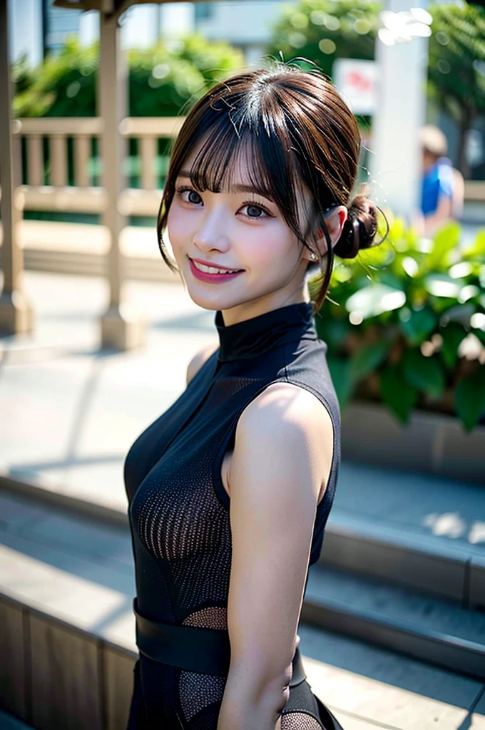 a gorgeous lady, age 18, in an dark-color Asymmetrical Open Shoulder Knit Tight Dress, posing naturally under night sky, dimpled smile, short double ponytail, cute Snaggleteeth, well-endowed round bosom, enchanting cleavage, photorealistic, beautiful detailed eyes, hyper-realism, high contrast, ultra HD, realistic skin textures, top image quality, top-quality, super high resolution, fine details, very meticulously, bokeh background, focused shot head-to-waist