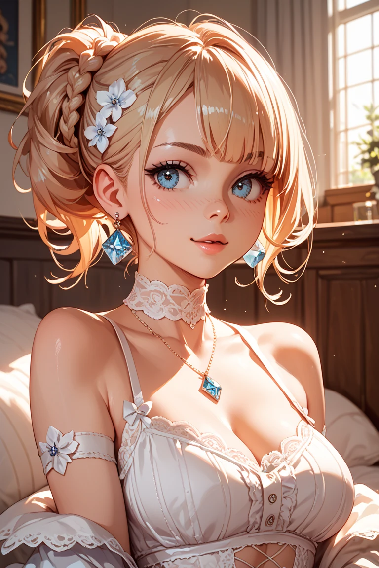 Hair tied on both sides with ribbons、pretty girl。 She was wearing a frilly pink dress.、Her cleavage is visible and her breasts are small enough to fit in one hand.。
Body in a state of readiness、The face is looking forward。