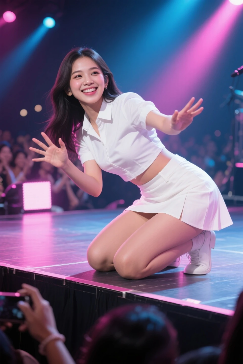(highest quality,8k,masterpiece:1.3,),(超A high resolution,Realistic:1.4,RAW Photos),(Very detailed,Ultra-Dense Muscle,Caustics),(Singing Japanese idol), (Live Stageでダンス),(Skirt tearing),1 girl,12 years old,Pregnant women、last month of pregnancy、cute,Laughing with your mouth open,Japanese,Black-haired,ponytail,Wearing only a virgin-killing sweater、Nude Model、Large Breasts,(Live Stage),grabbing a microphone,Looking at the camera,Focus on the thighs,(Camera position is low:1.1),(Low Angle:1.1),(vision:1,3),SpotLight,Light