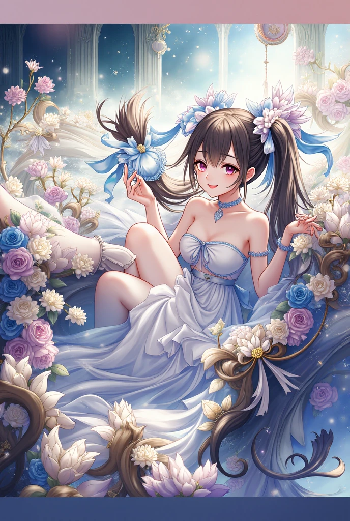 Drop-shaped tattoo on the cheek, a cute fairy in a beautiful flower field