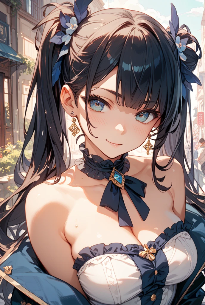 (masterpiece, top quality, very aesthetic, 4k、illustration), intricate detail, 1woman,solo,contrapposto 、(tareme)、Strong glowing eyes、blunt bangs,Fair skin,(upper body)、Open mouth happy smile 、twintails、(Blue lipstick),beautiful face、Blushing,(gradient hair)、multicolored hair,middle hair,sidelock ,blue eyes、gothic lolita dress、medium breasts、slender 、