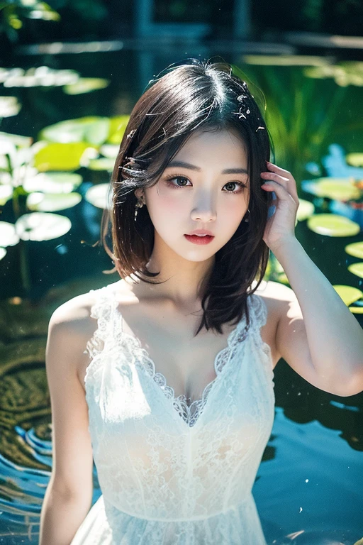 arafed woman in a white dress sitting in a pool of water, a young asian woman, portrait image, 50mm portrait, amidst nature, young asian woman, 60mm portrait, captured on canon eos r 6, 7 0 mm portrait, shot on canon eos r5, shot on canon eos r 5, shot on nikon z9, amongst foliage