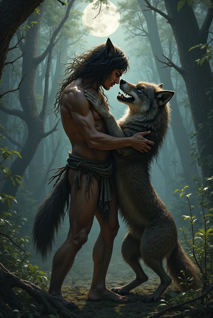 Sexy hot teen boy with a tanned body wearing a fit boxer shorts and boots is riding a wolf at a natural garden