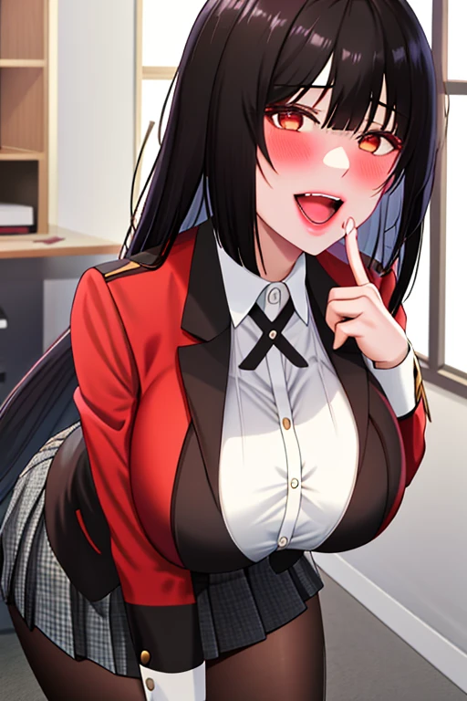 (Calm style) (solo straight black hair long hair dominance girl, detailed serious red eyes, serious face, grin, big ), (in a summer school suit, skirt), (hand Thumbs up), in the Lounge, BREAK, perfect , masterpiece, best quality, 16k, beautiful detailed grow, daydreaming expression.