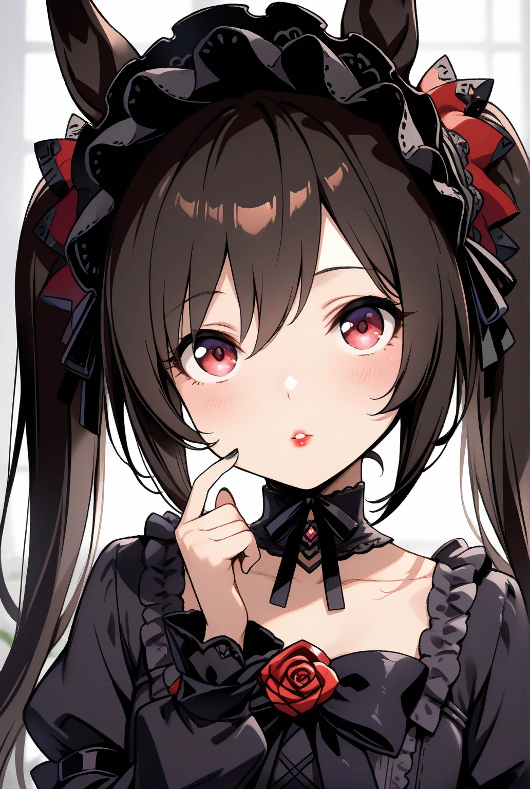 masterpiece, Highest quality, Very detailed, One girl, evaluation: Sensitive, ((Gothic Lolita Fashion, Black clothes, Frills)), ((Change of clothes, Open clothes, Unfinished garment, White bra, White panties)), (((17 years old, Pink Eyes, Cute eyes, Highlight Eyes:1.2, Very cute face, Hair Ribbon, Detailed Hair, Light brown hair, Long, thick, wavy twin tails:1.2, bangs, Medium chest, blush:1.3, shy:1.2, Lips parted))), ((Cowboy Shot)), bed、Flip up the skirt、Nipples、I can see the boobs