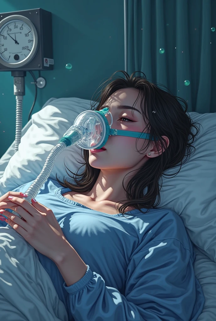 ((8k, best quality, masterpiece, Rule of thirds)), ((light play, shadow play)), ((dynamic pose)), ((candid photography)), ((vivid colors, anime background)), ((reflective)), ((oxygen mask, lying on back, on hospital bed, wearing hospital gown, sleepy expression)), <lora:lora:1>