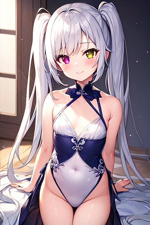 aashion, 1girl, long hair, (single hair bun:1.1), short eyebrows, small breasts, hairband,,,(masterpiece),(best quality),(ultra-detailed),(best illustration),(best shadow),(absurdres),(very aesthetic),(detailed background),looking at viewer,in narrow bedroom,dim lighting,,,in heat,horny,heavy breath,standing,flat chest,gold micro bikini,skindentation,shiny skin,shy smile,