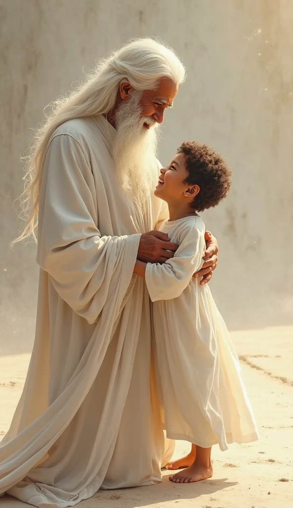 A wise Guru with a long white beard and turban sits in a halo of light, with a young child sitting in front of him, the Guru is holding his hand out, the child is looking up at him with respect. The background is a warm, golden glow, with soft, flowing lines of light. The image is full of warmth and serenity, and