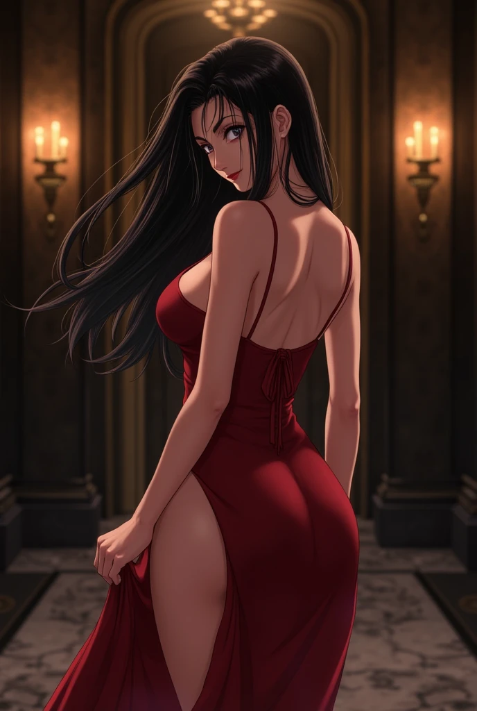 1girl from Spain, flamenco dress, red dressed flamenco stylish, flamenco dancer, black long hair, extremely pale skin, red lips, makeup, flamenco dancer studio, flamenco guitarist to back to the girl, social profile picture, stupid bitch face, slluty teenager
