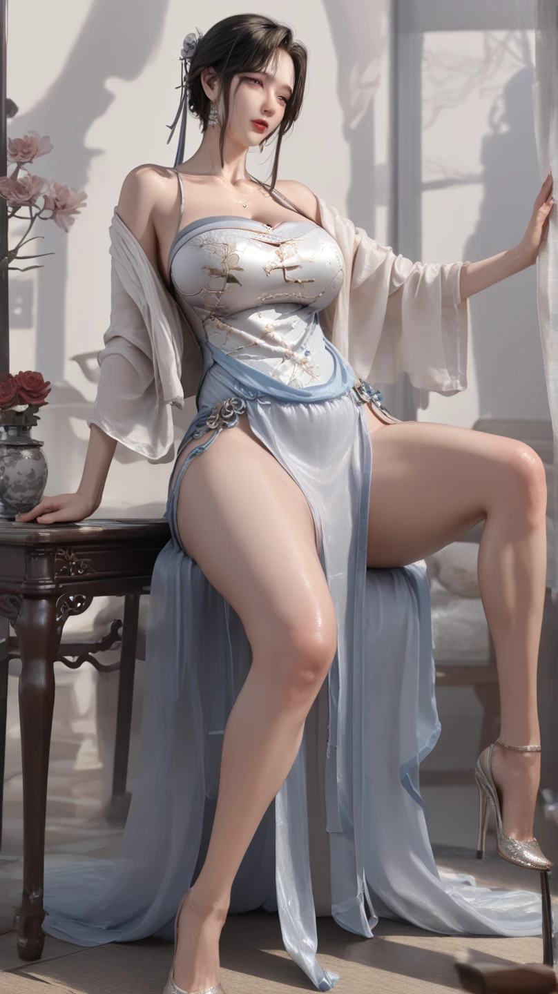 ((masterpiece, best quality)), Delicate face, Character Design Sheet，Whole body love, Rich in details, Multiple poses and expressions, Very detailed, depth, Many parts，beautiful girl，Light，发Light，Red and Gold，Phoenix decoration，gauze，Lace，Lace连裤袜，High heel