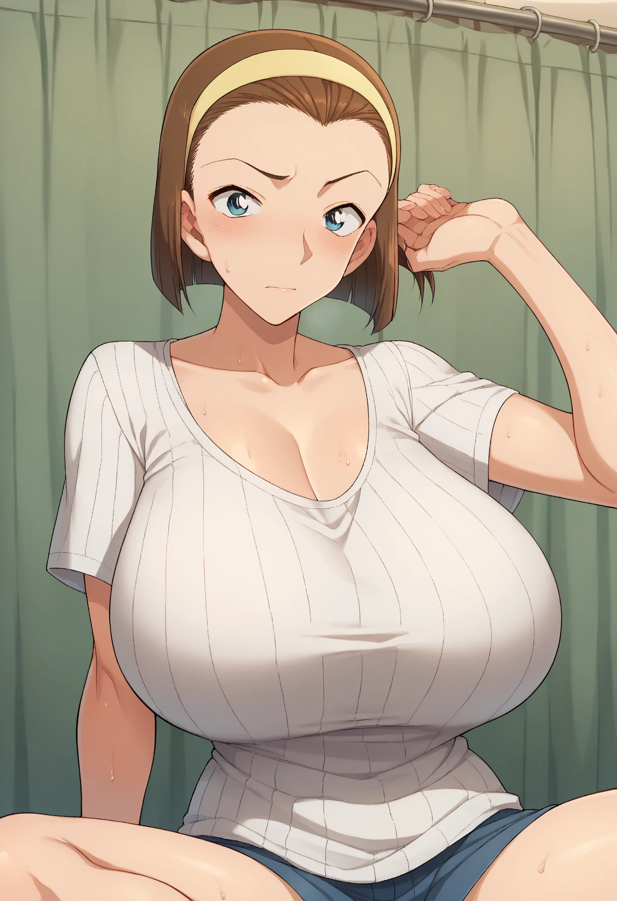 Looking into the camera、When I Look at You、lookatviewer、Anime Style、eroge、1 girl, (Huge long breasts:1.2), (White T-shirt、Cleavage、black long skirt)、Low - Angle、Brown haired, hair band、short hair、Bob Hair、The forehead is visible、smile,Round Breasts、women、Pregnant women