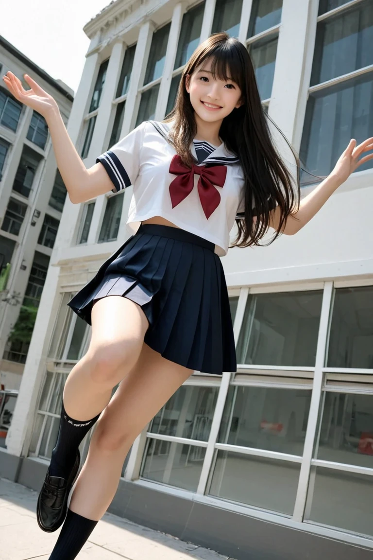 very cute and beautiful girl,(Very delicate and beautiful face and eyes:1.2), smile,Black Hair,Sailor ,Navy blue pleated mini skirt,(From below),１２０Black denier tights、, summer,School rooftop,building,Chain link fence, (Highest quality,Tabletop:1.2),Intricate details,Very detailed,High resolution,alone,Cinema Lighting,